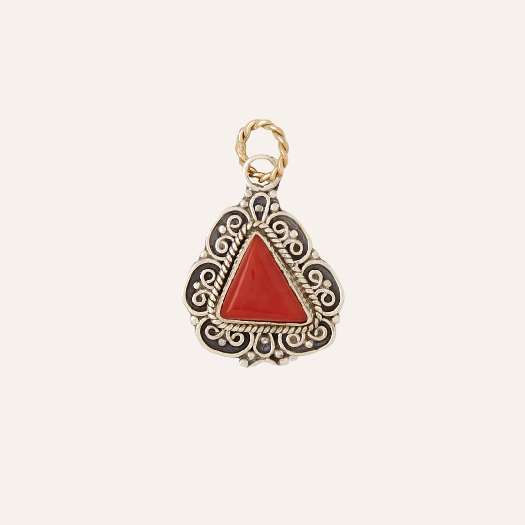 Tibetan Treasure Sterling Silver & Coral Small Triangle Charm