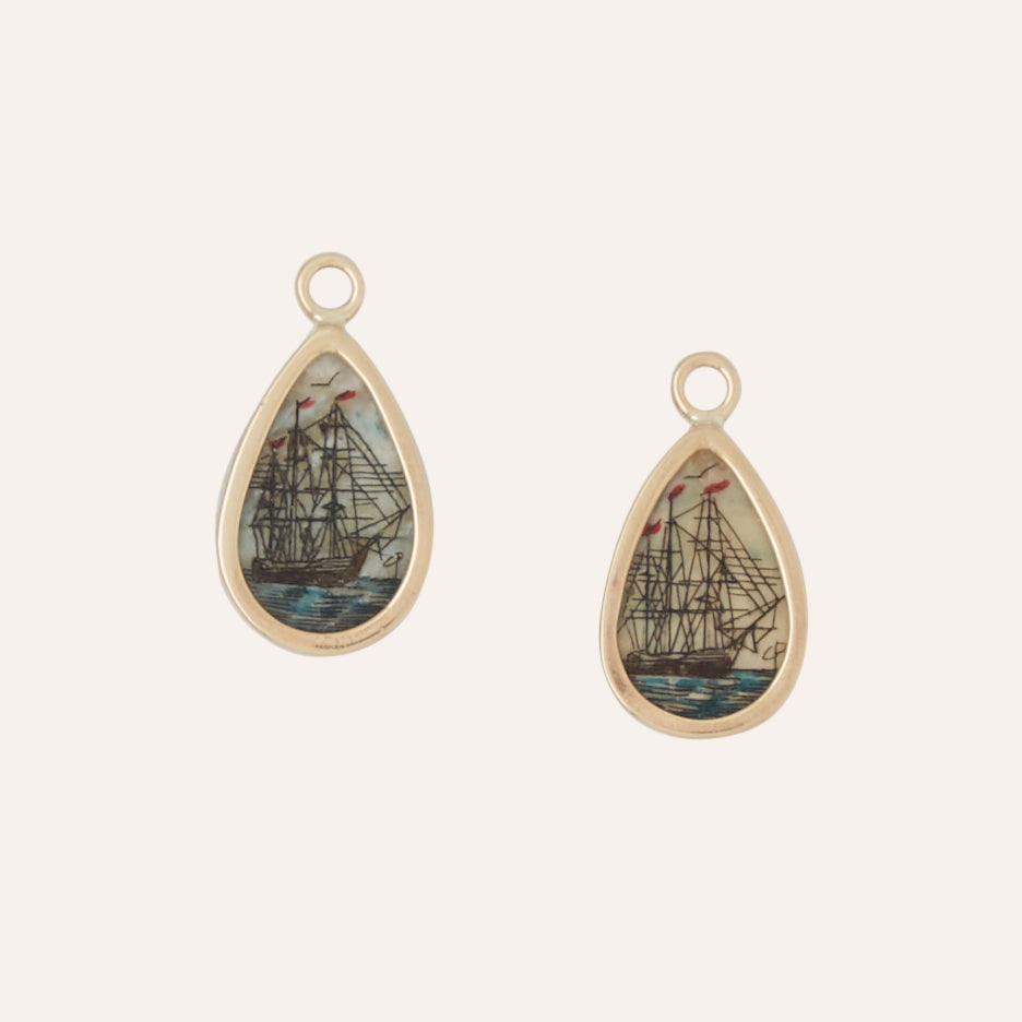 Teardrop Scrimshaw Blue Ship Earring Drops