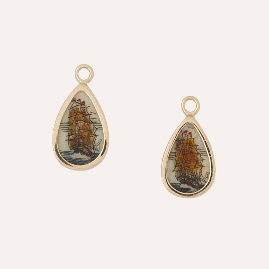 Teardrop Scrimshaw Orange Ship Earring Drops