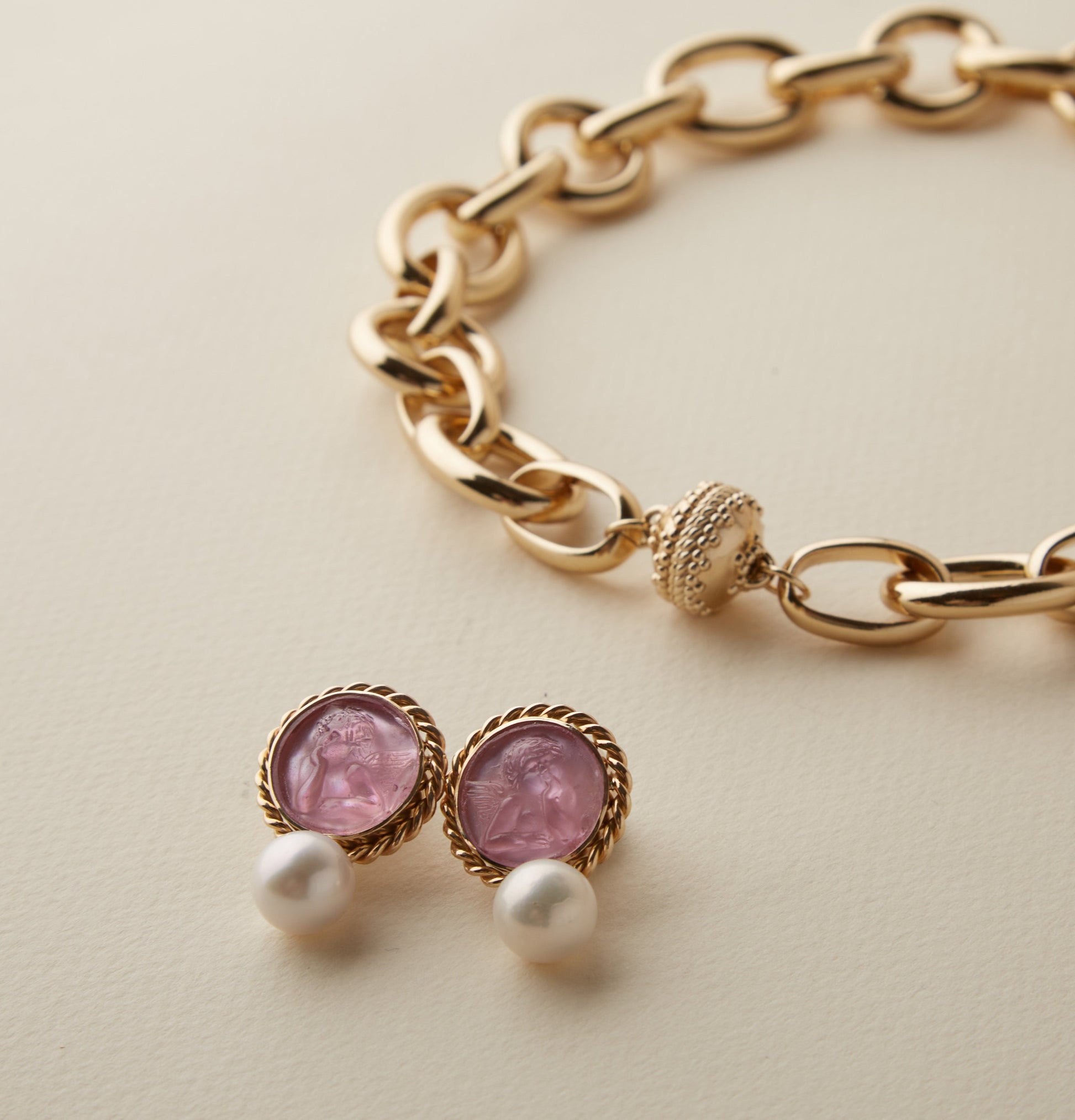 14K Signature Pink Cherub Italian Glass Earrings