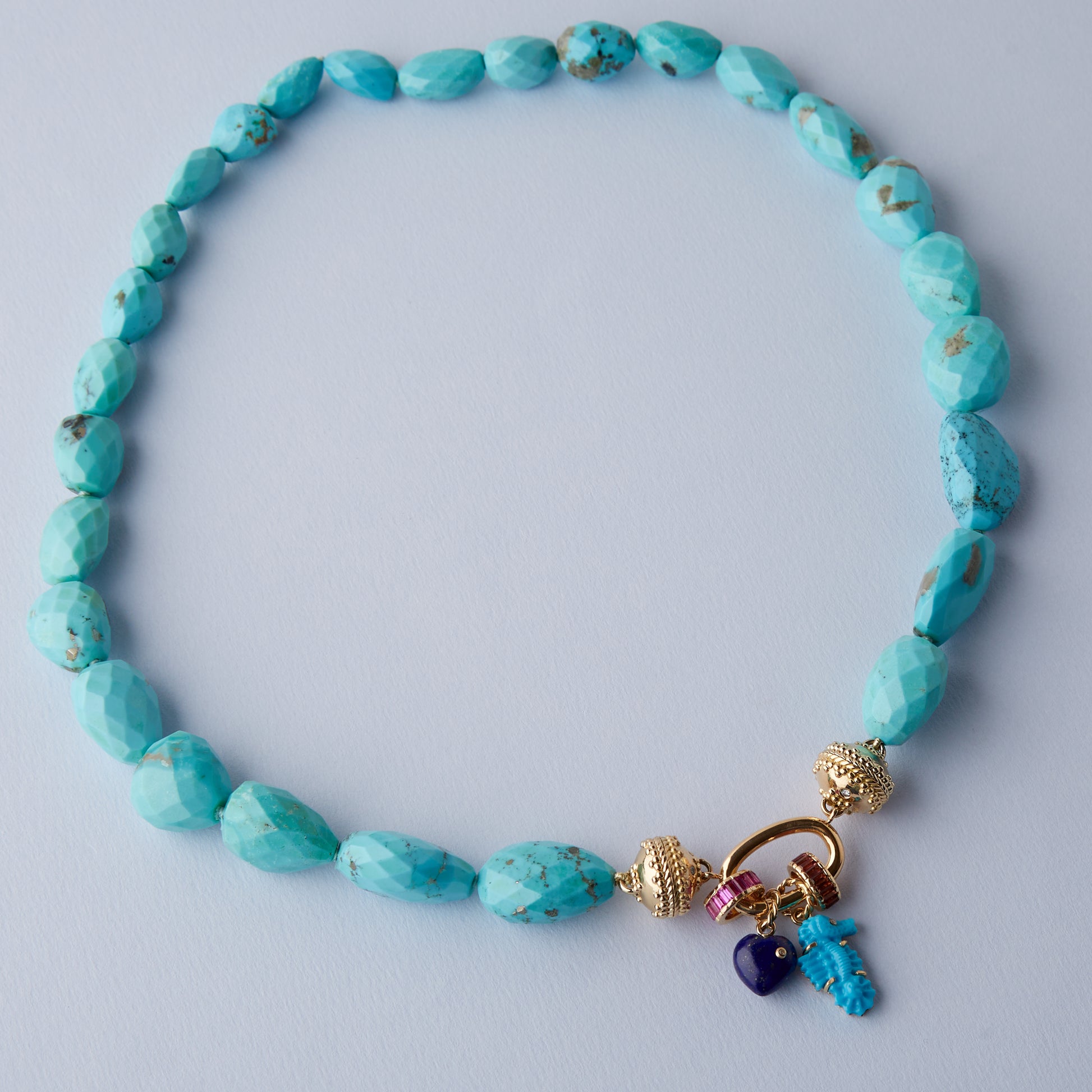 18K Blue Turquoise Carved Seahorse Charm