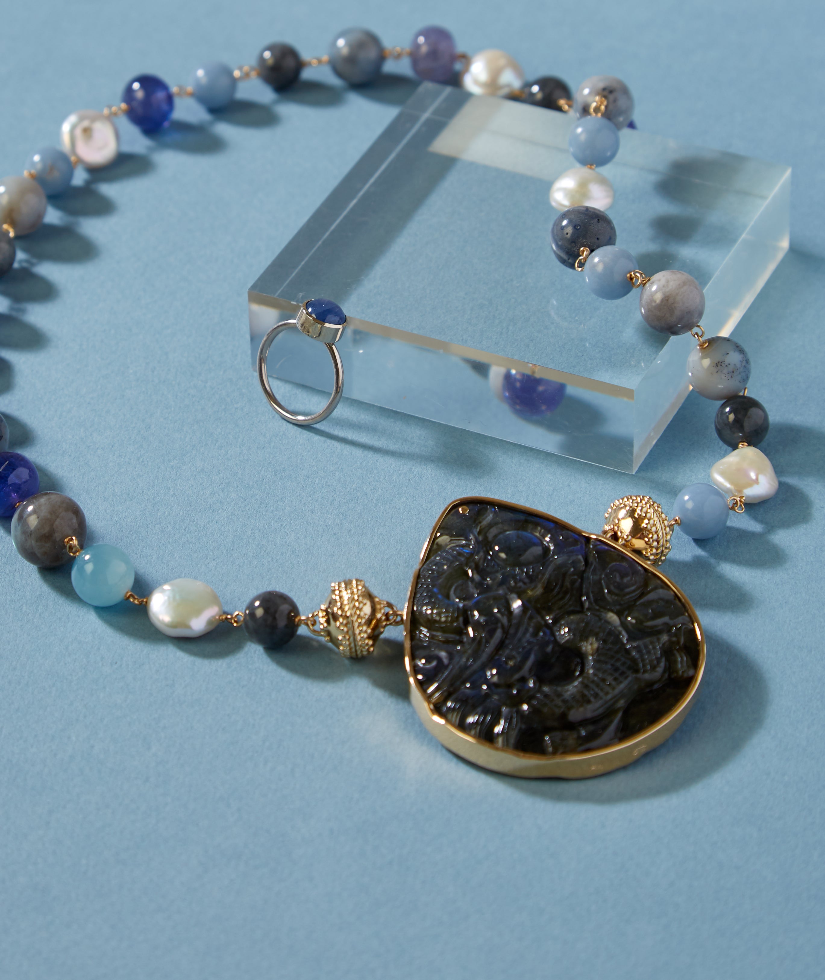Caspian Aquamarine, Tanzanite, and Freshwater Pearl Necklace