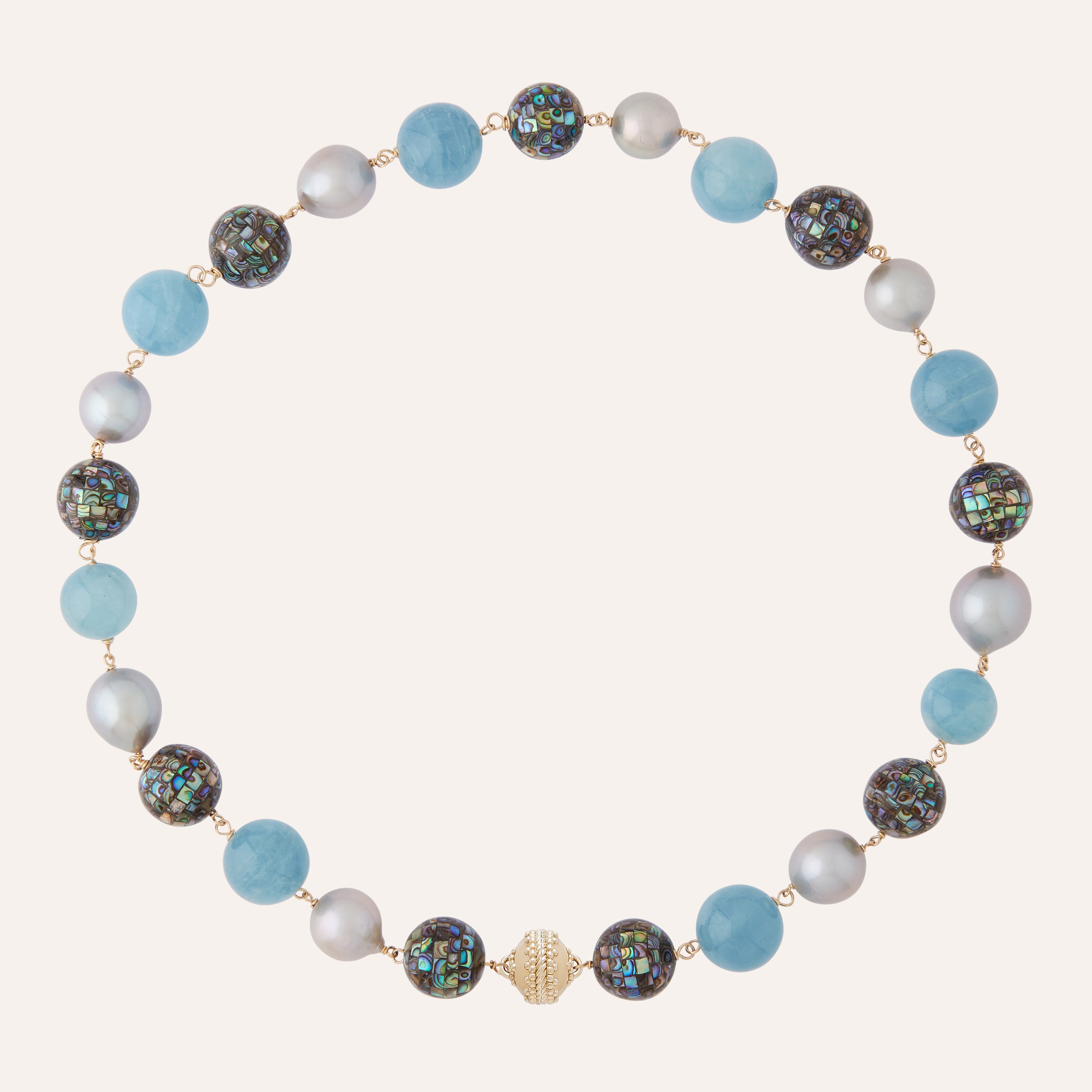Caspian Mosaic Mother of Pearl, Aquamarine & Pearl Necklace