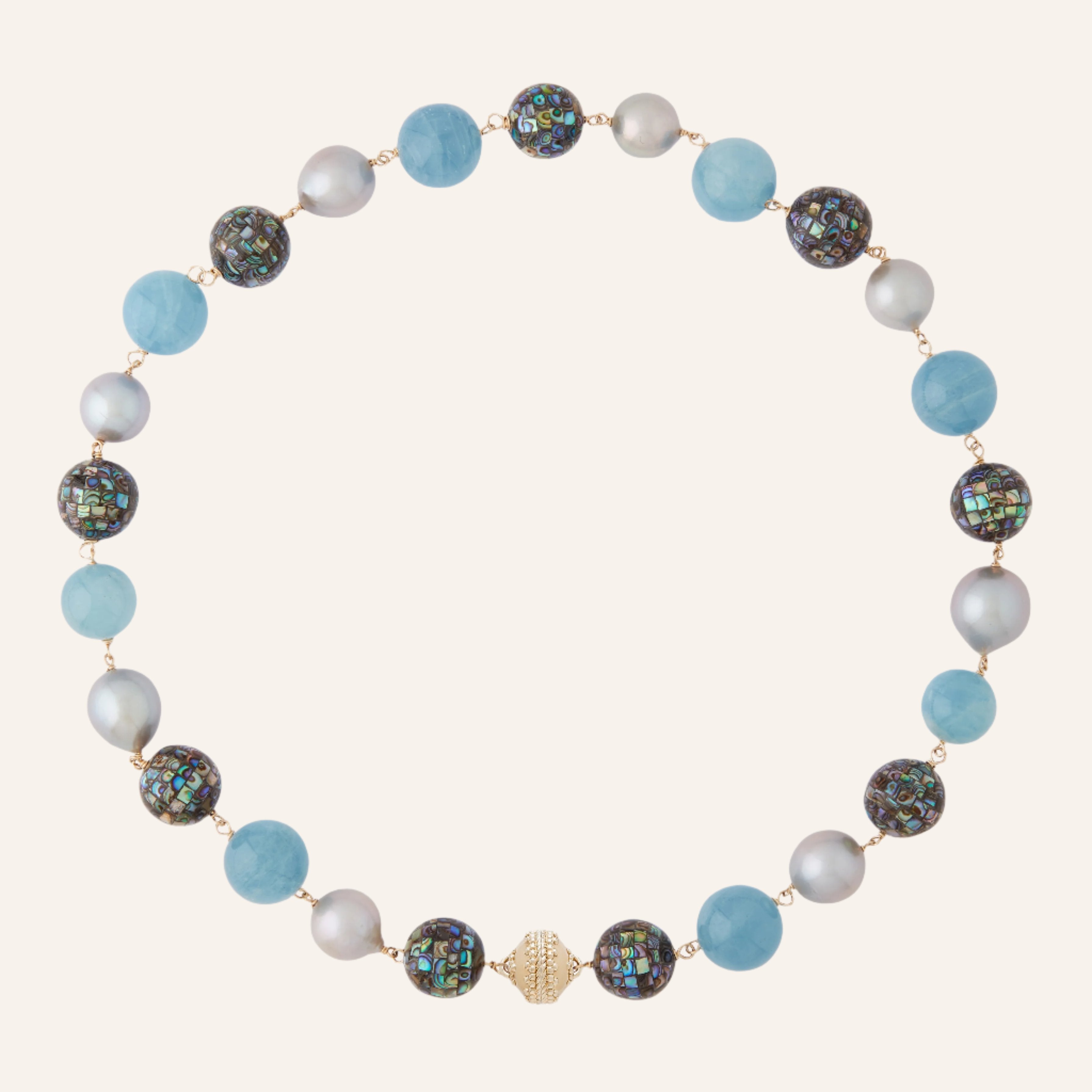 Caspian Mosaic Mother of Pearl, Aquamarine & Pearl Necklace