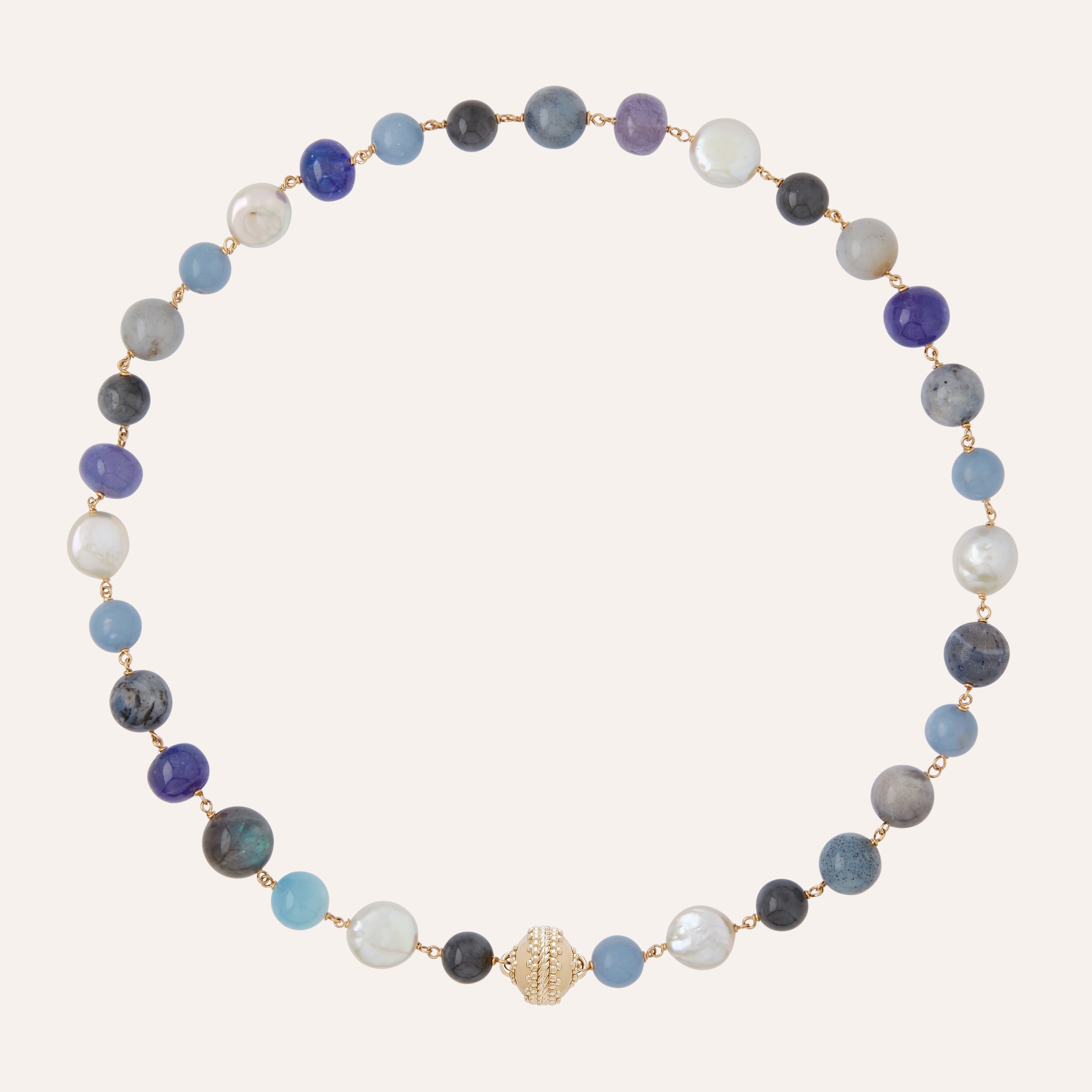 Caspian Aquamarine, Tanzanite, and Freshwater Pearl Necklace