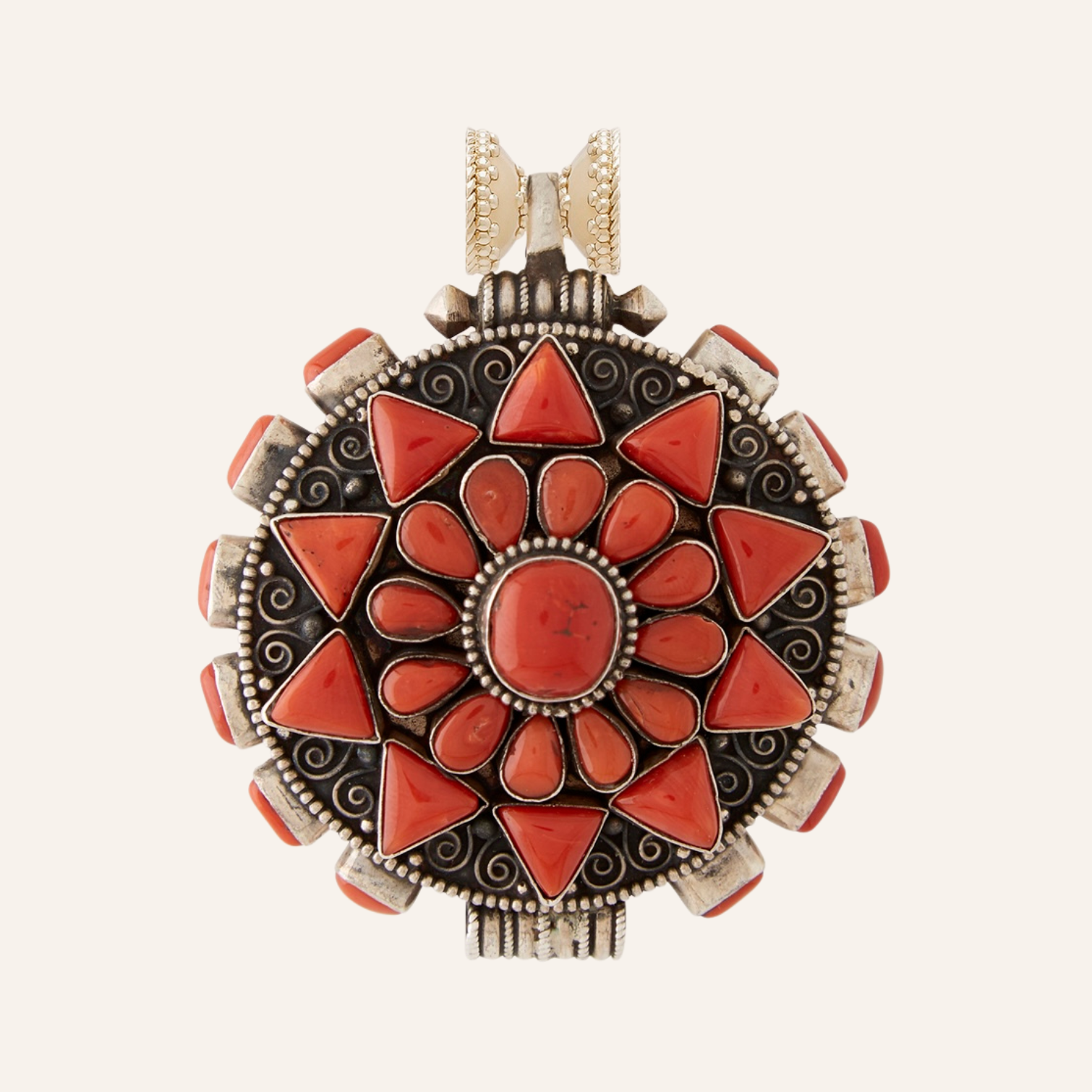 Tibetan Treasure Sterling Silver Ghau Coral Pendant Centerpiece