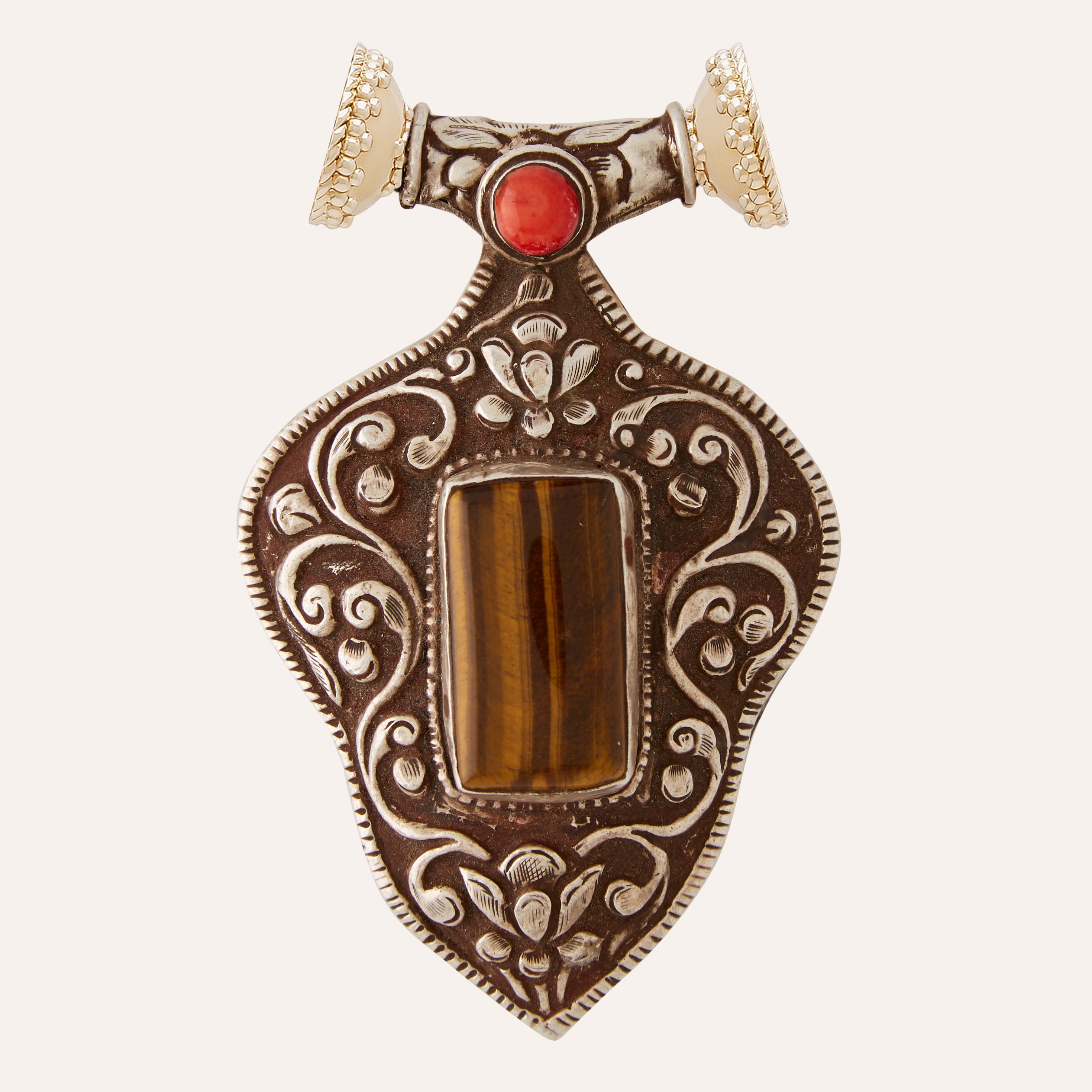 Tibetan Treasure Carved Floral and Tiger's Eye Centerpiece