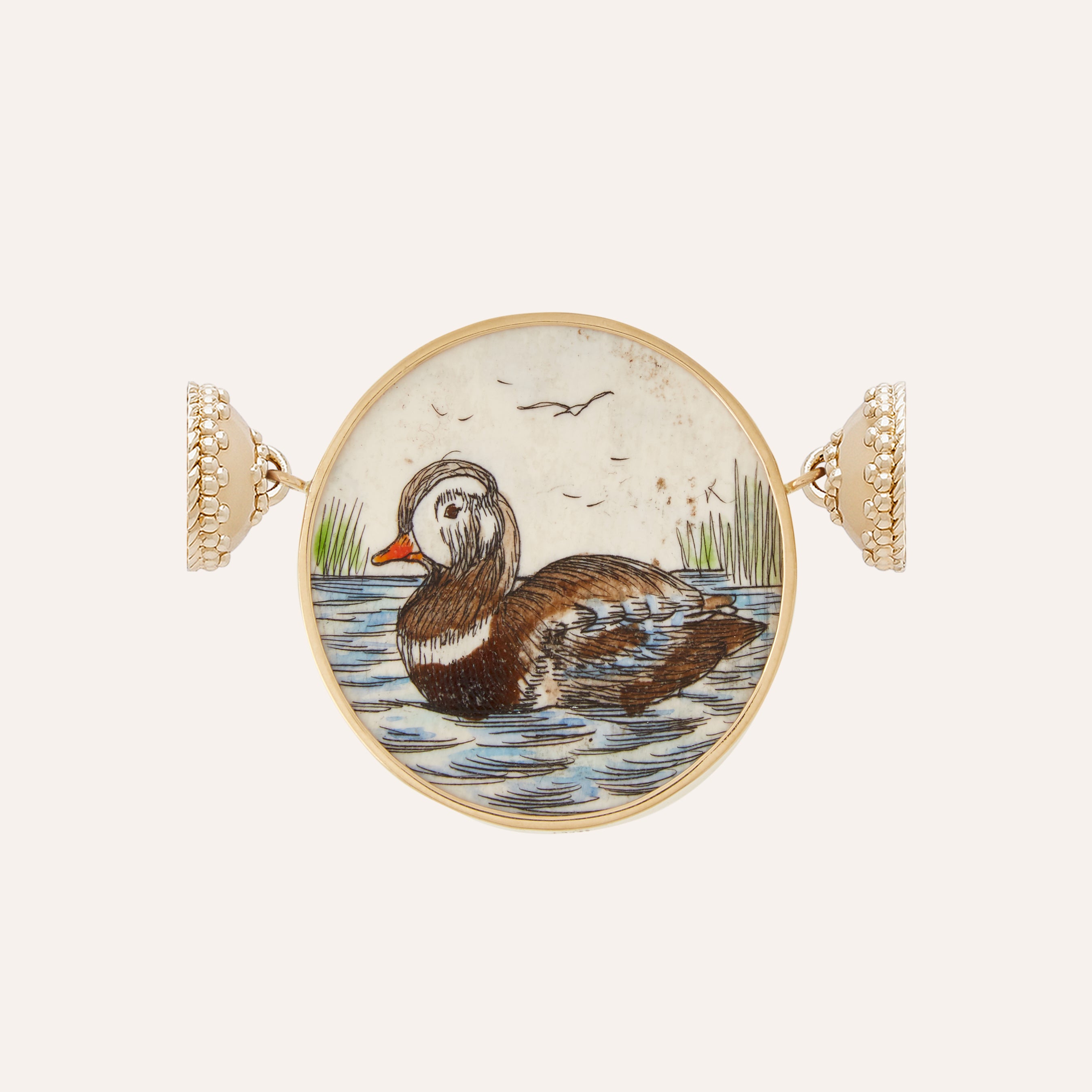Carved Bone Scrimshaw Duck Centerpiece