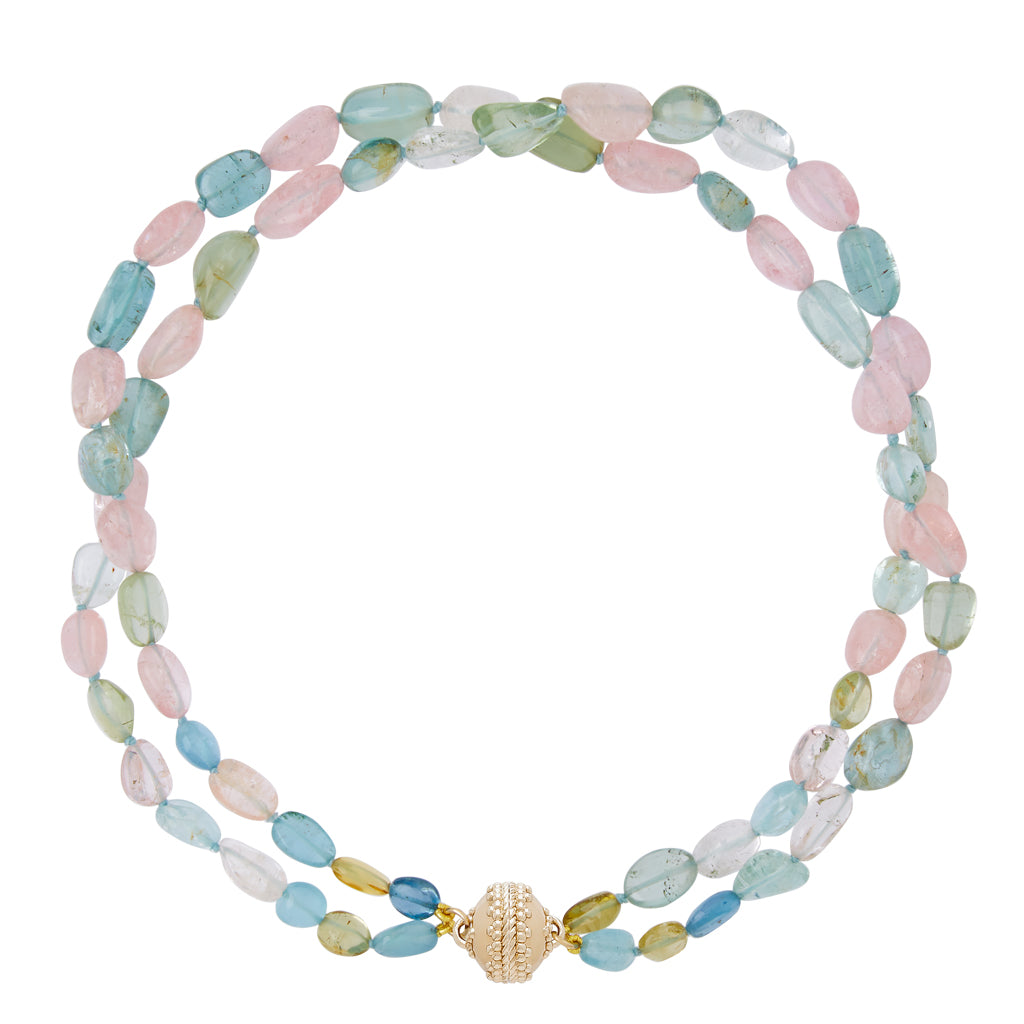 Graduated Aquamarine & African Beryl Tumbled Nugget Double Strand Necklace
