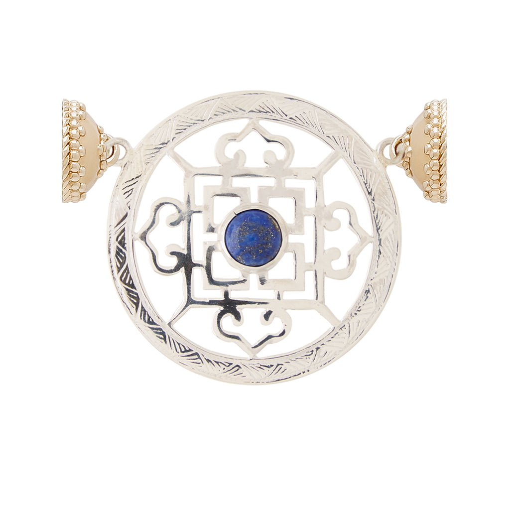 Tibetan Treasure Silver and Lapis Medallion Centerpiece