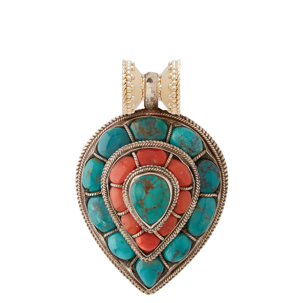 Tibetan Treasure Turquoise & Coral Teardrop Centerpiece