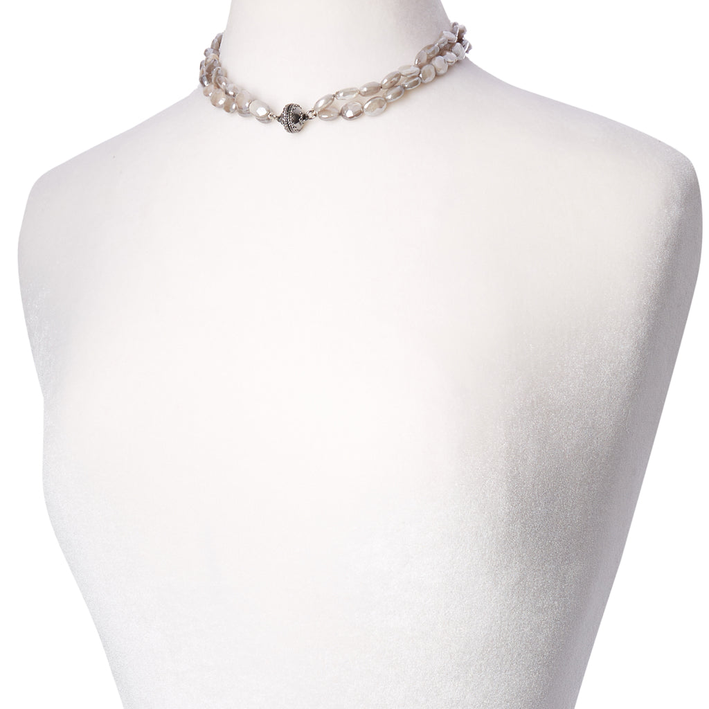 Nancy Mauve Coated Moonstone Double Strand Gunmetal Necklace