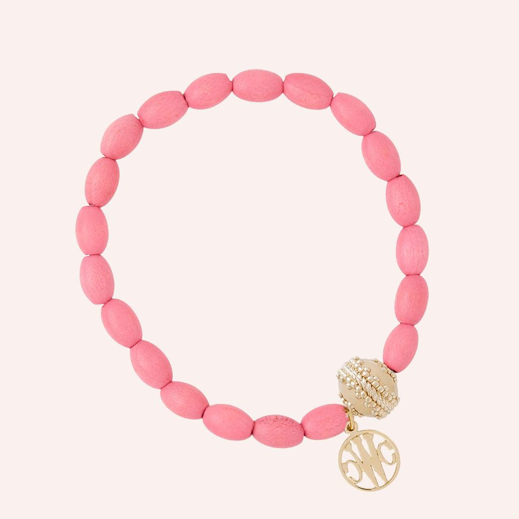 Pink Oval Wood Stretch Bracelet