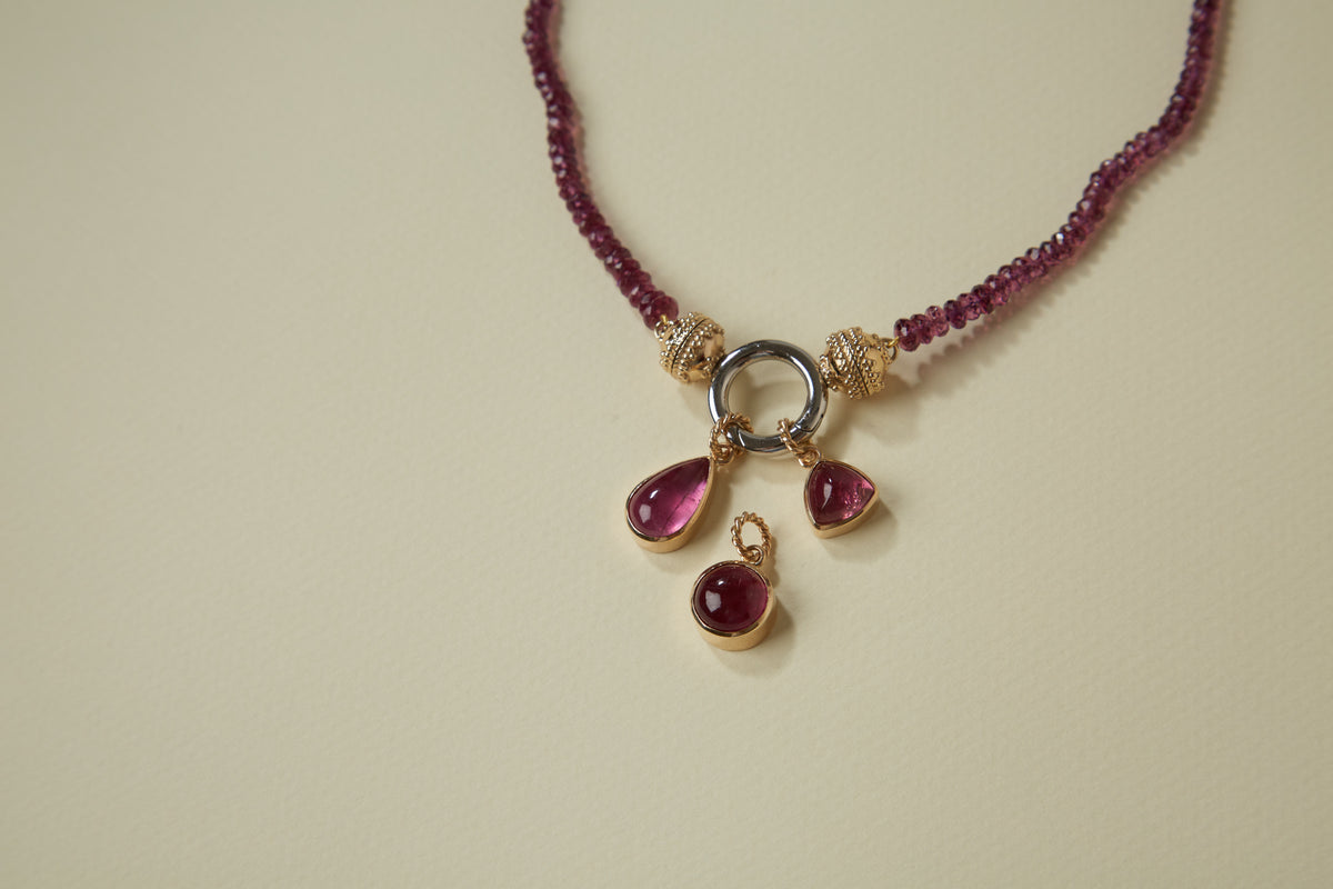 14K Pink Tourmaline Round Cabochon Charm