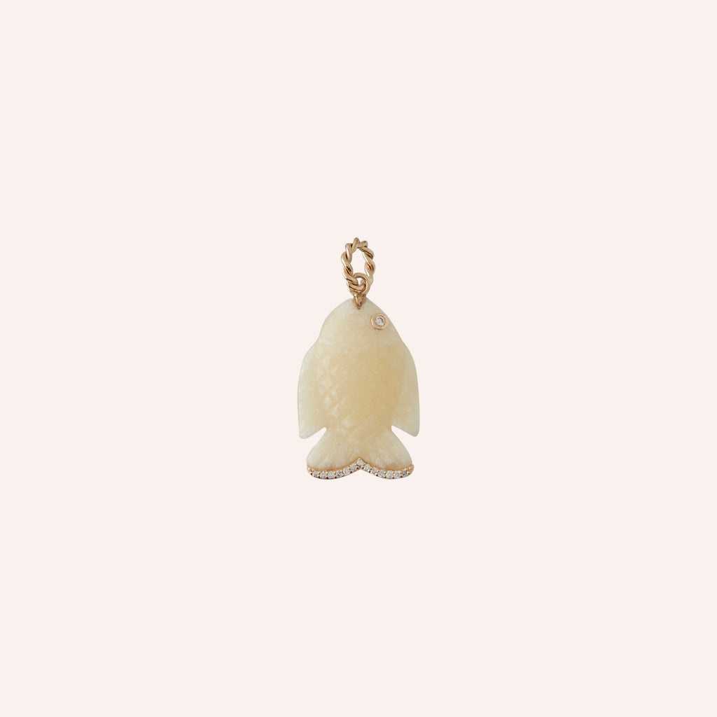 14K Cream Dolomite & Diamond Carved Fish Charm
