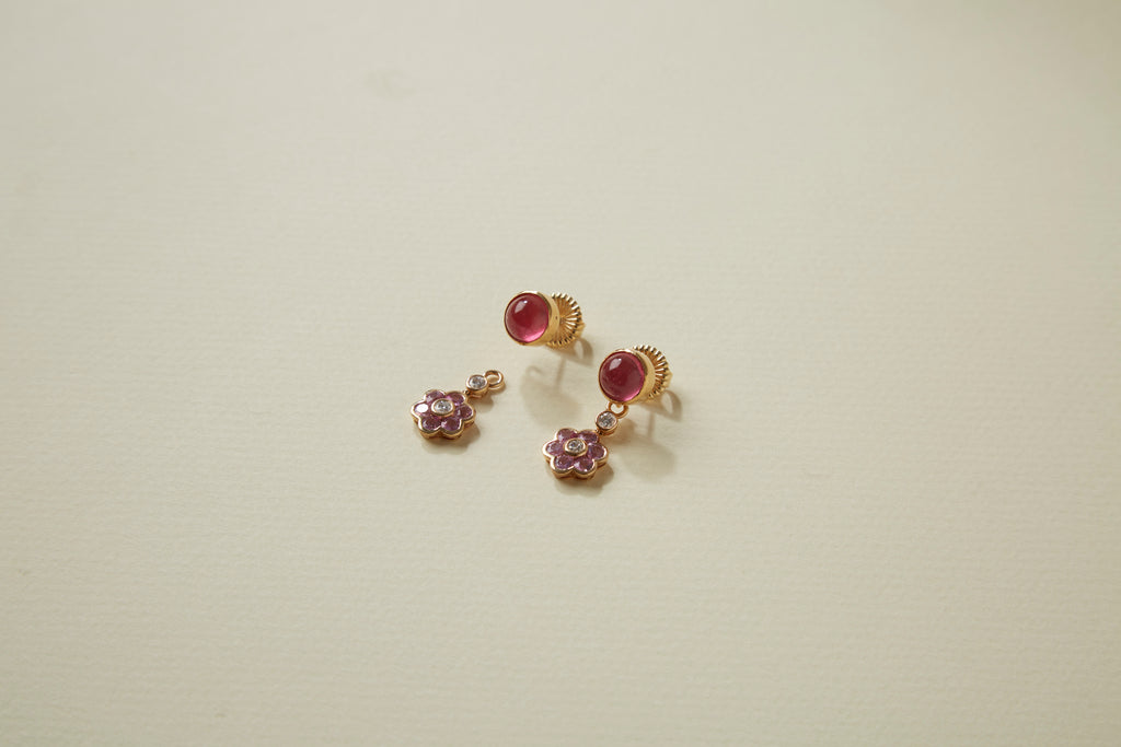 14K Diamond Pink Sapphire Flower Earring Drops
