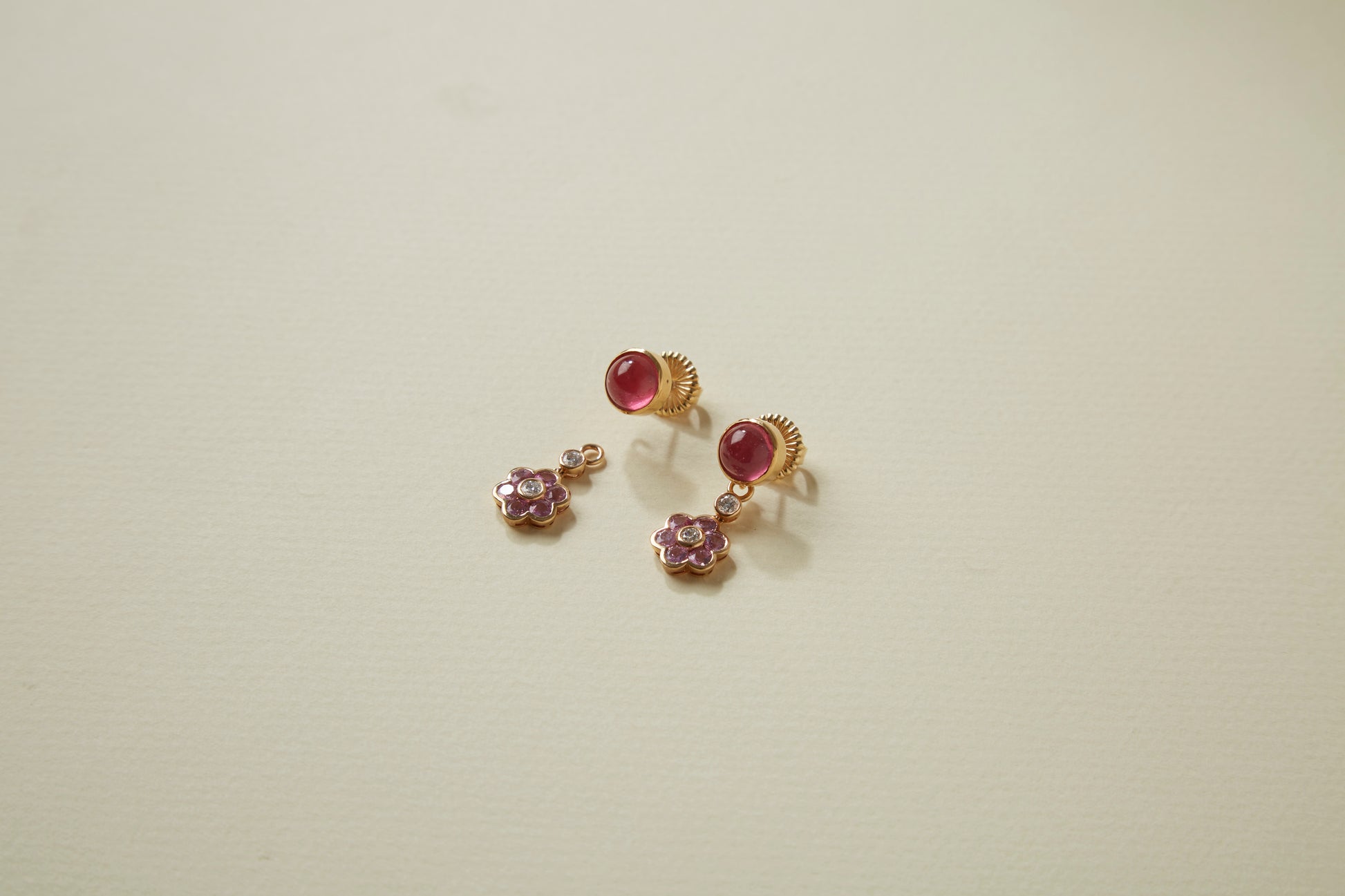 14K Diamond Pink Sapphire Flower Earring Drops