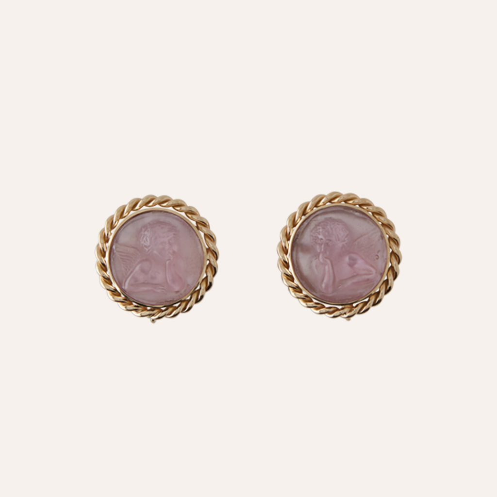14K Signature Pink Cherub Italian Glass Earrings