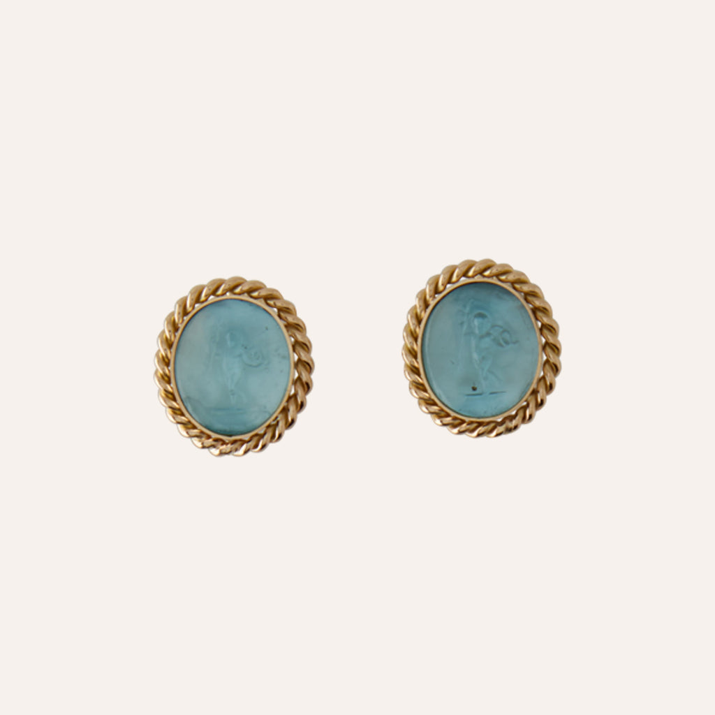 14K Signature Standing Cupid Aqua Italian Glass Earrings