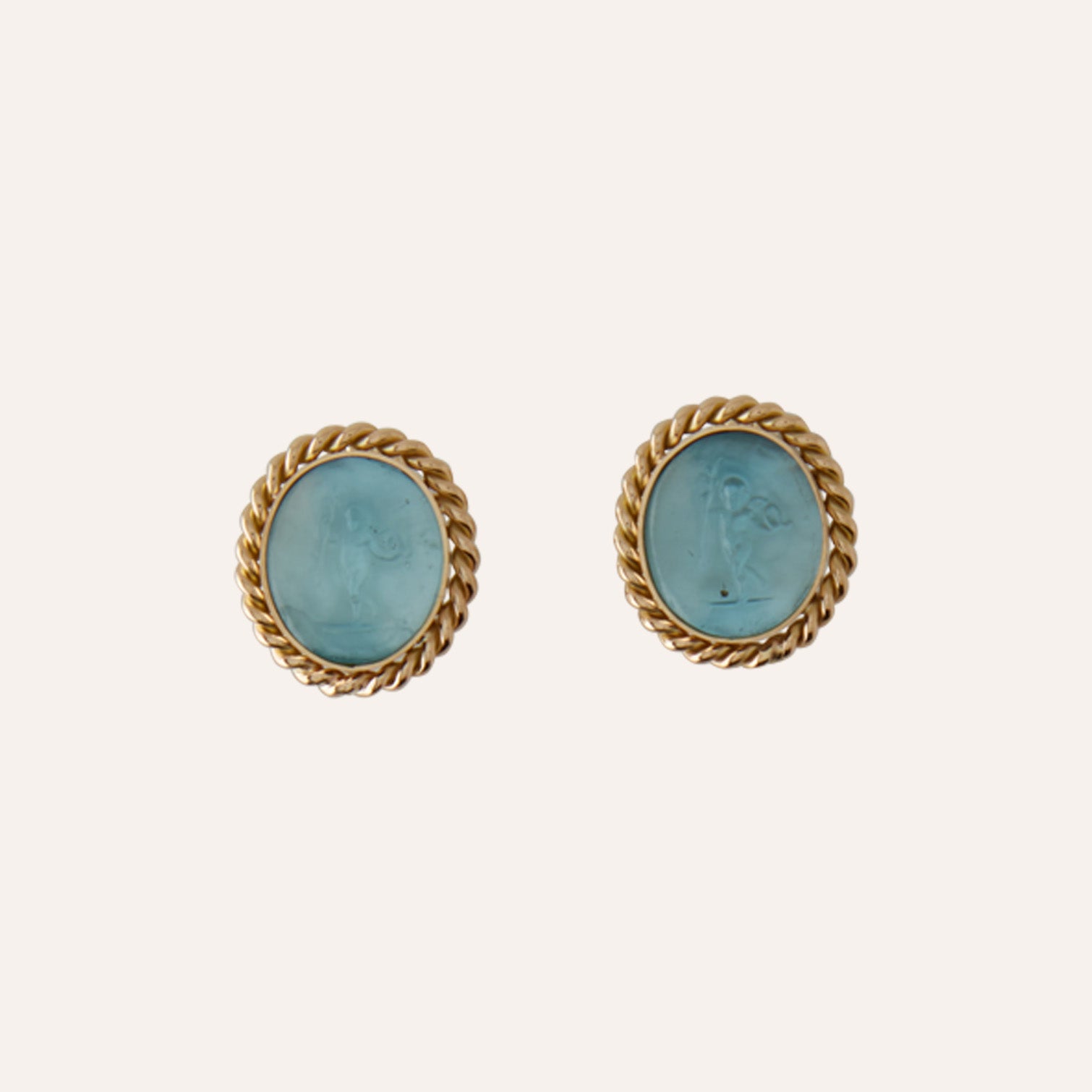 14K Signature Standing Cupid Aqua Italian Glass Earrings