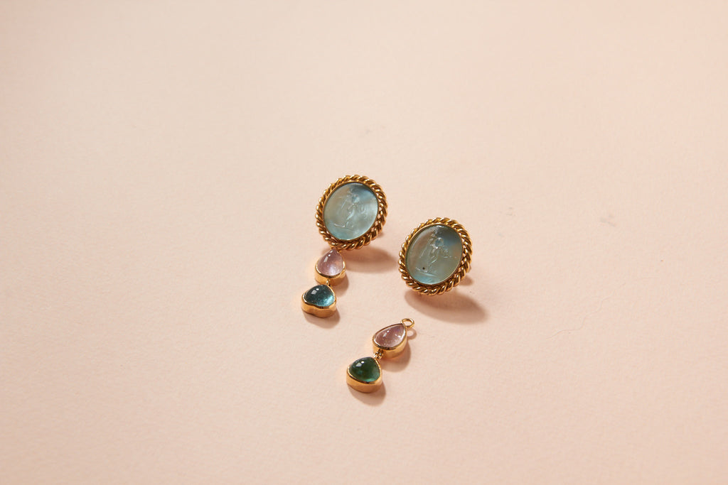 14K Signature Arrow of Grace Aqua Chiara Glass Earrings