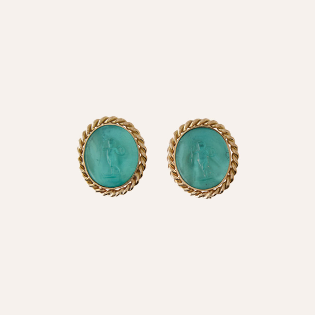 14K Signature Paraiba Standing Cupid Italian Glass Earrings