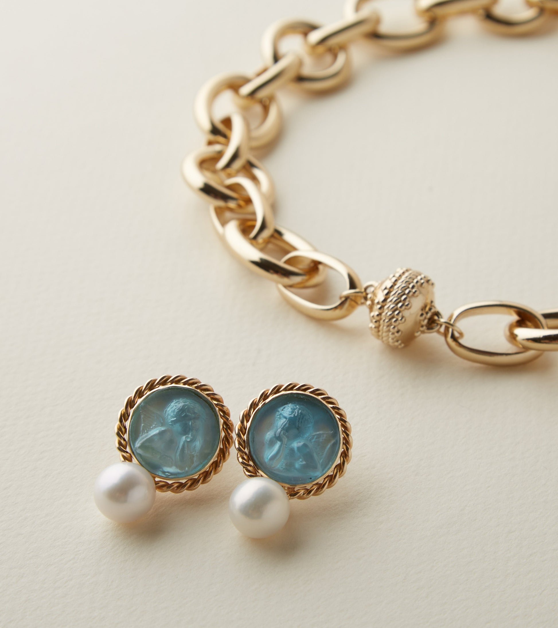 14K Signature Cherub Aqua Italian Glass Earrings