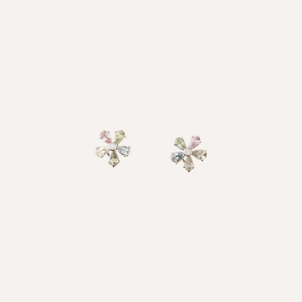 18K White Gold Multicolor Pastel Green and Multicolor Sapphire Flower Earrings
