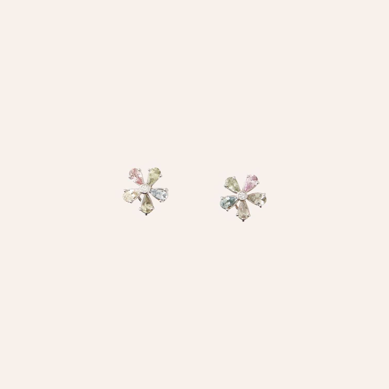 18K White Gold Multicolor Pastel Green and Multicolor Sapphire Flower Earrings
