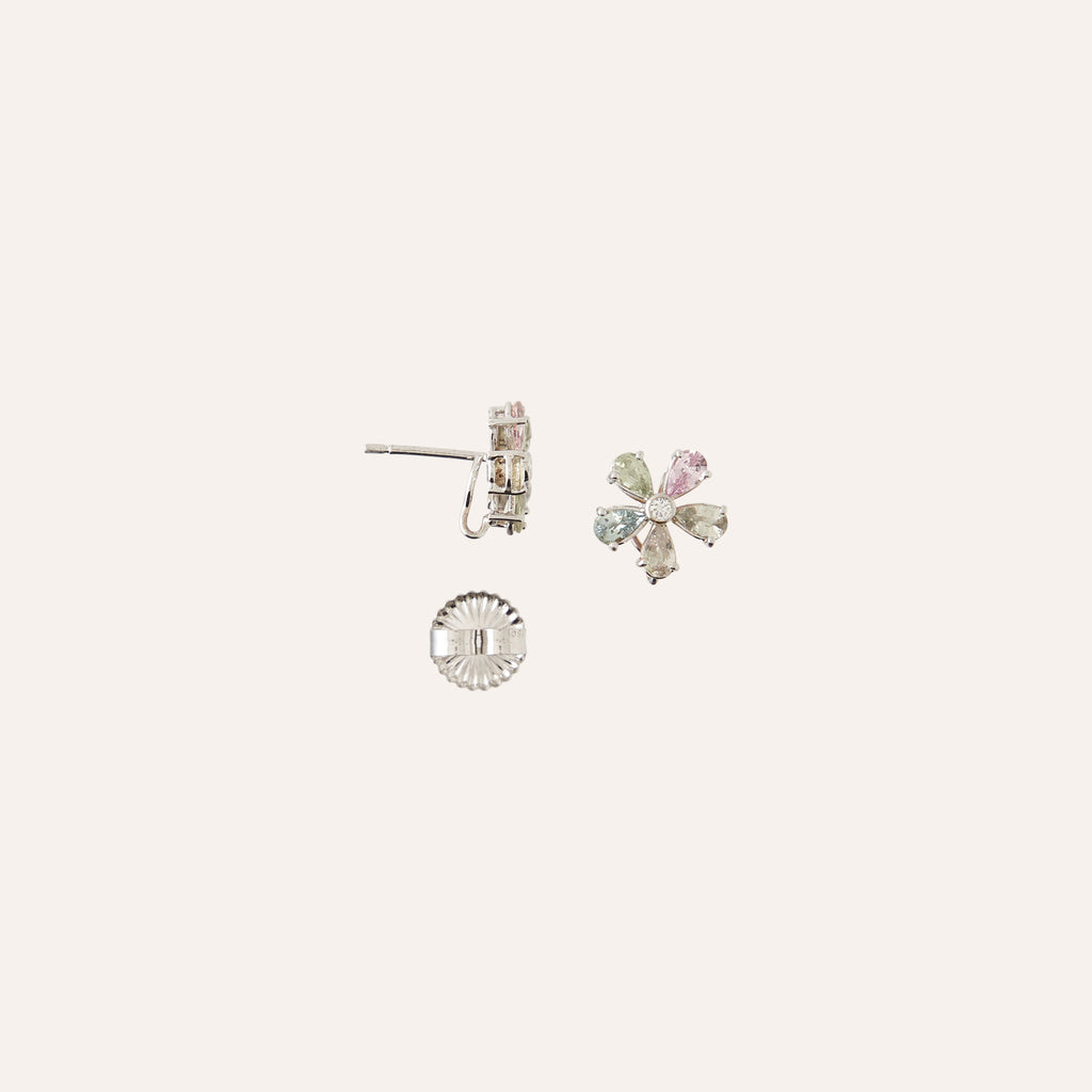 18K White Gold Multicolor Pastel Green and Multicolor Sapphire Flower Earrings