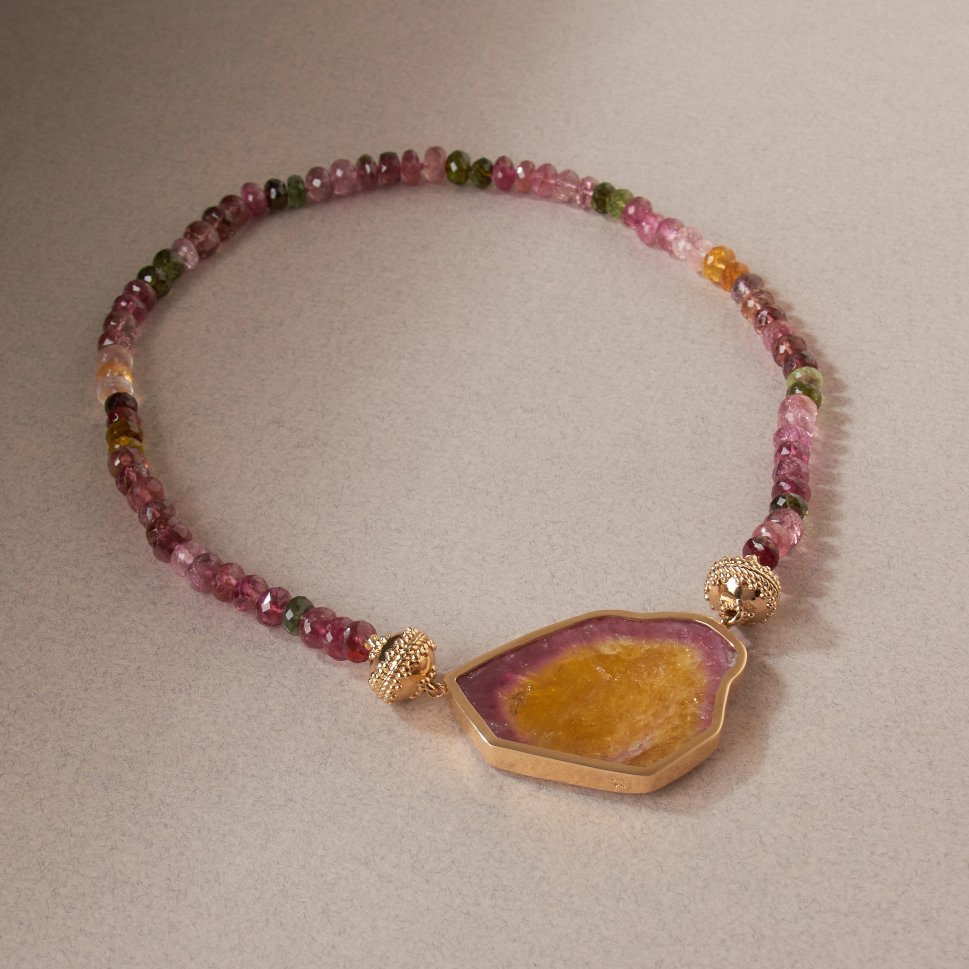 Pink and Green Light Watermelon Multicolor Tourmaline Rondelle Necklace