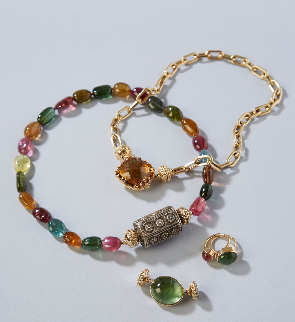 Tibetan Treasure Floral Hexagon Barrel Bead Centerpiece