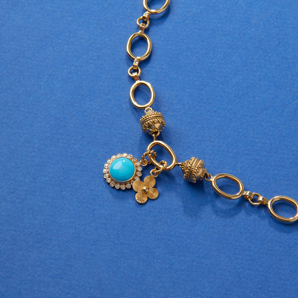 14K Turquoise Round Diamond Cabochon Charm