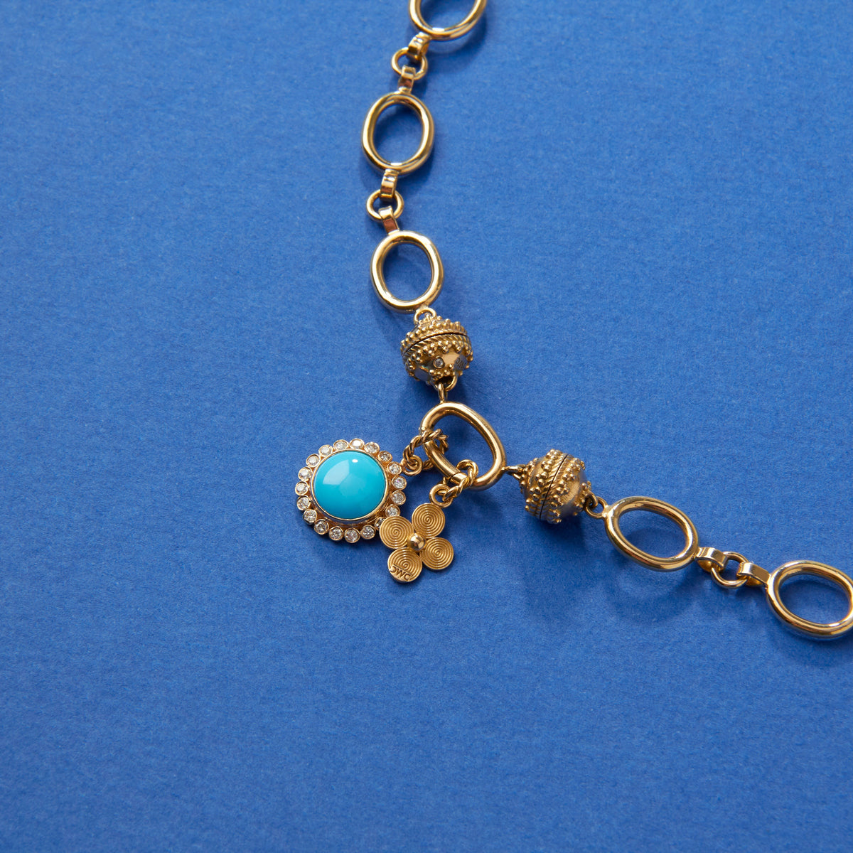 14K Turquoise Round Diamond Cabochon Charm