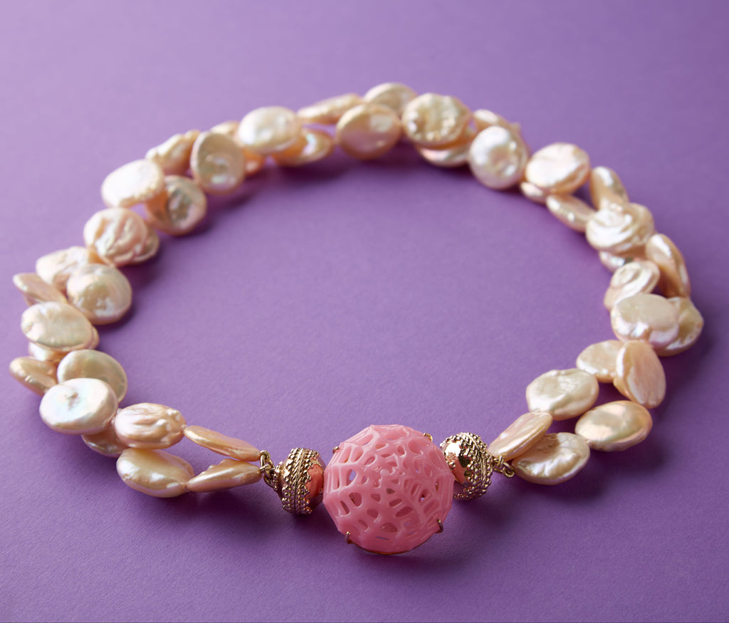 Freshwater Peach Coin Pearl Double-Strand Necklace
