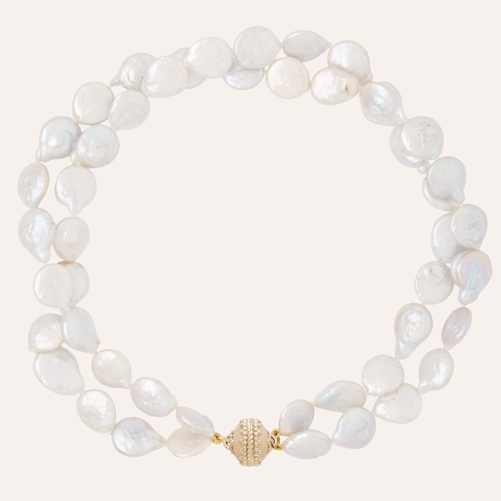White Freshwater Coin Pearl 14mm Double Strand Necklace