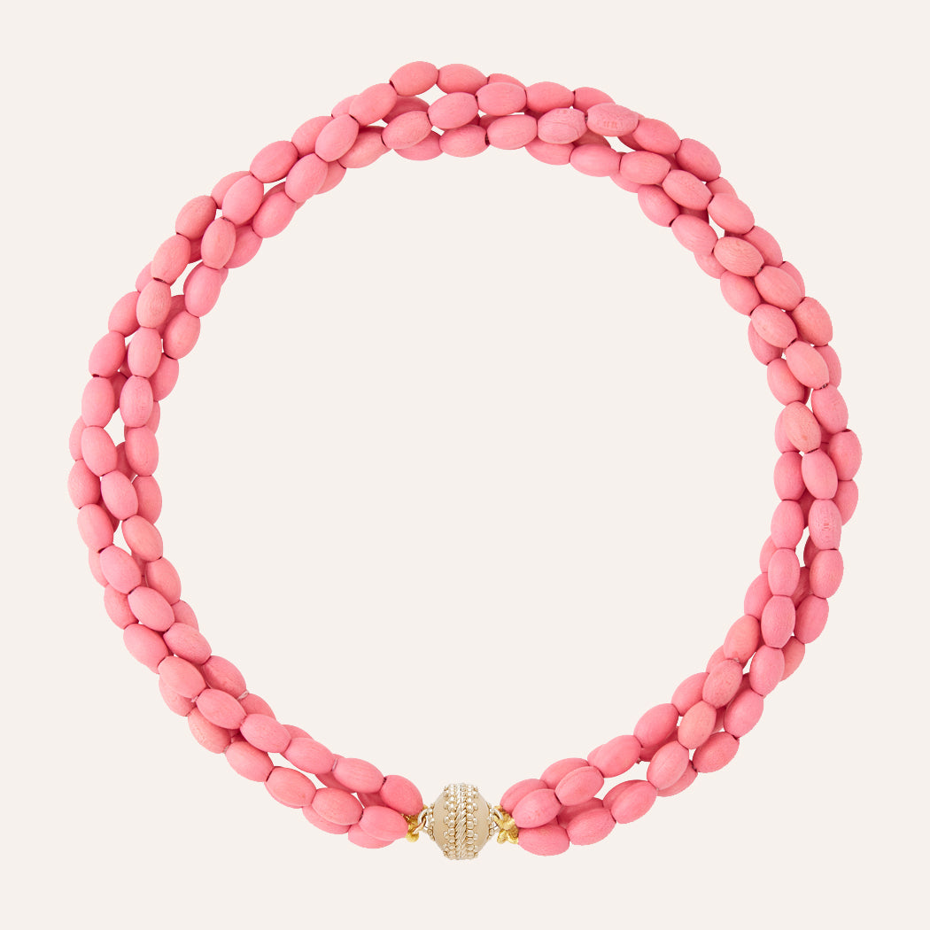 Pink Oval Wood Multi-Strand Necklace