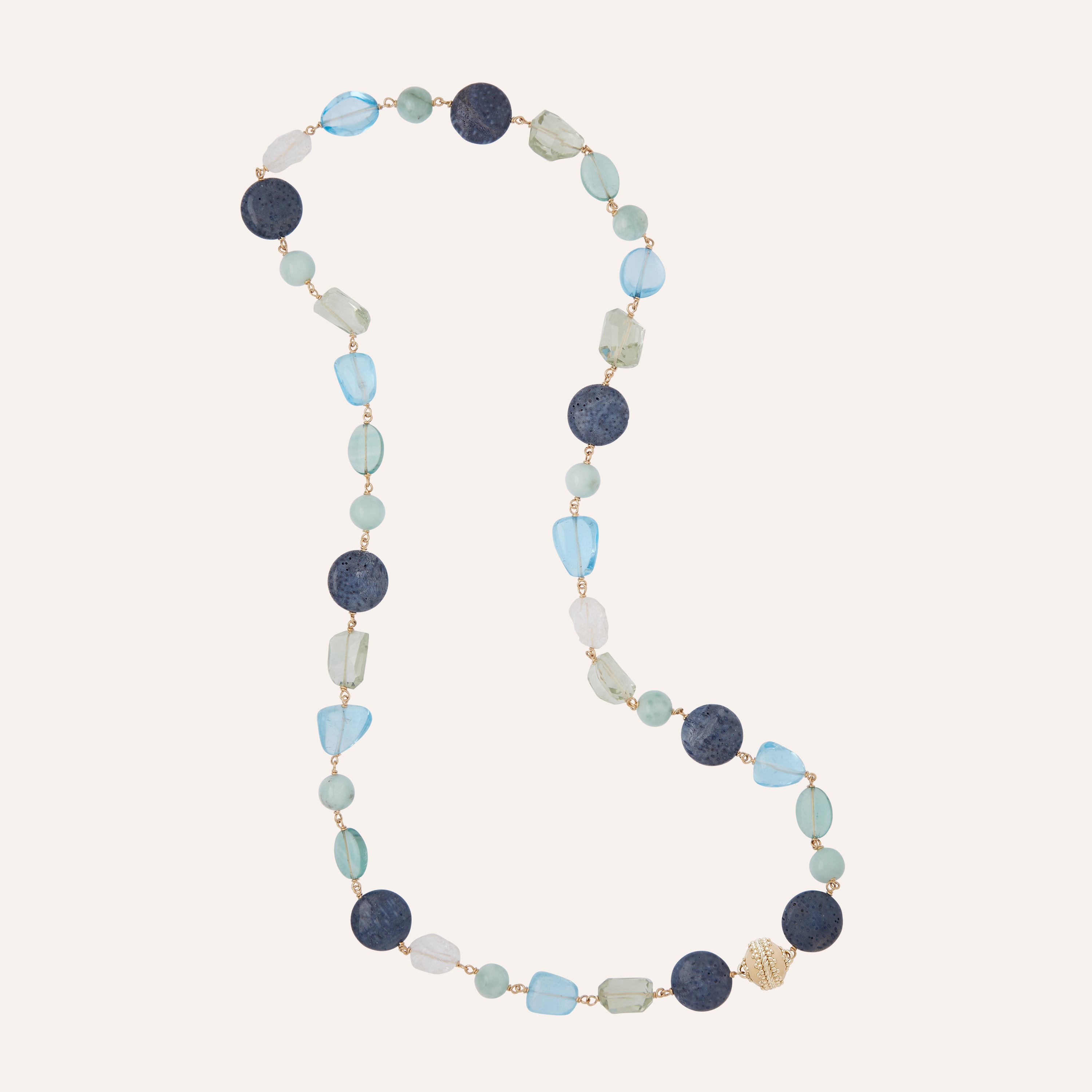 Caspian Fluorite, Coral, and Blue Topaz Necklace