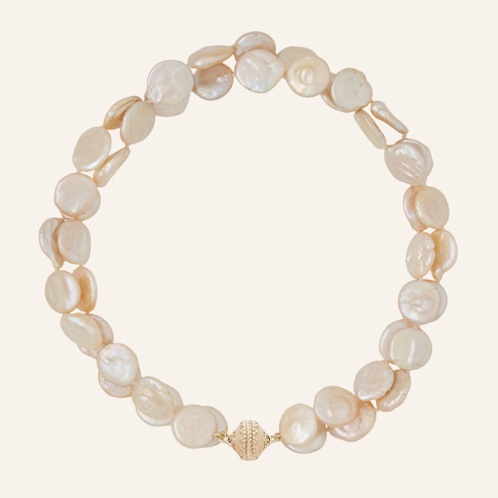 Freshwater Peach Coin Pearl Double Strand Necklace