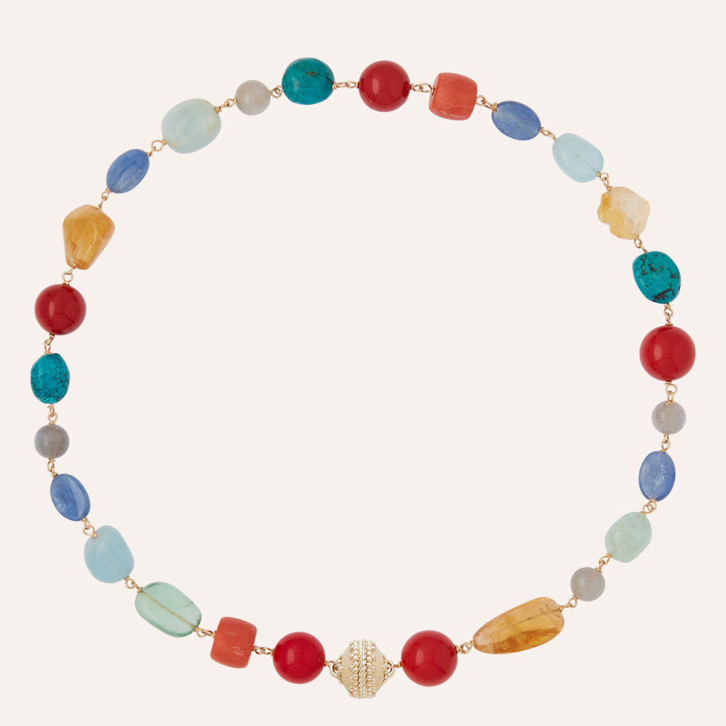 Caspian Reconstituted Red Coral, Kyanite, & Turquoise Necklace