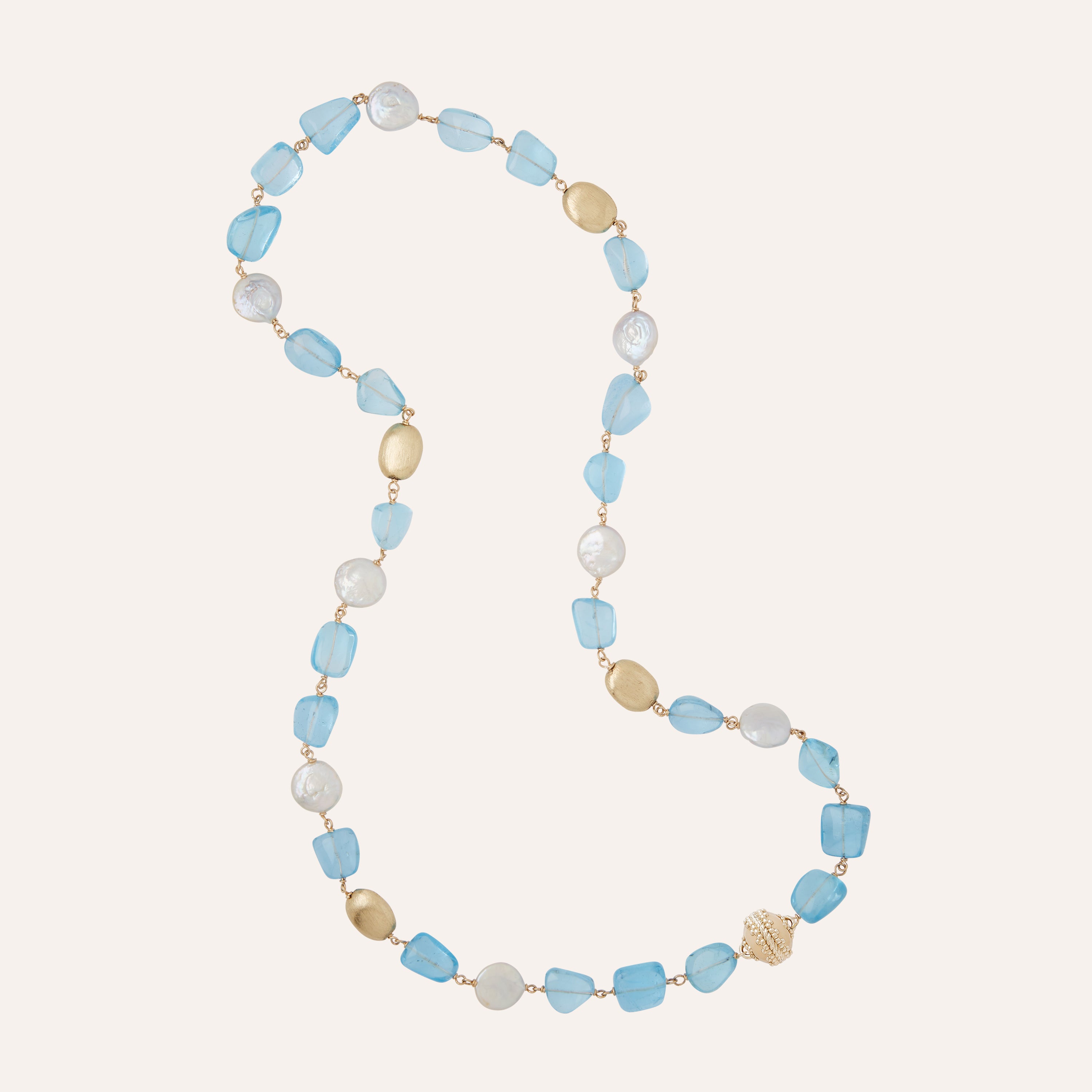 Caspian Gold Rush, Blue Topaz, and Coin Pearl Necklace