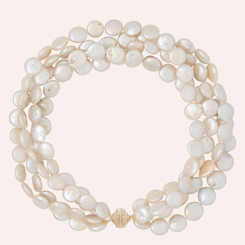 White Freshwater Coin Pearl 13-14mm Multi-Strand Necklace
