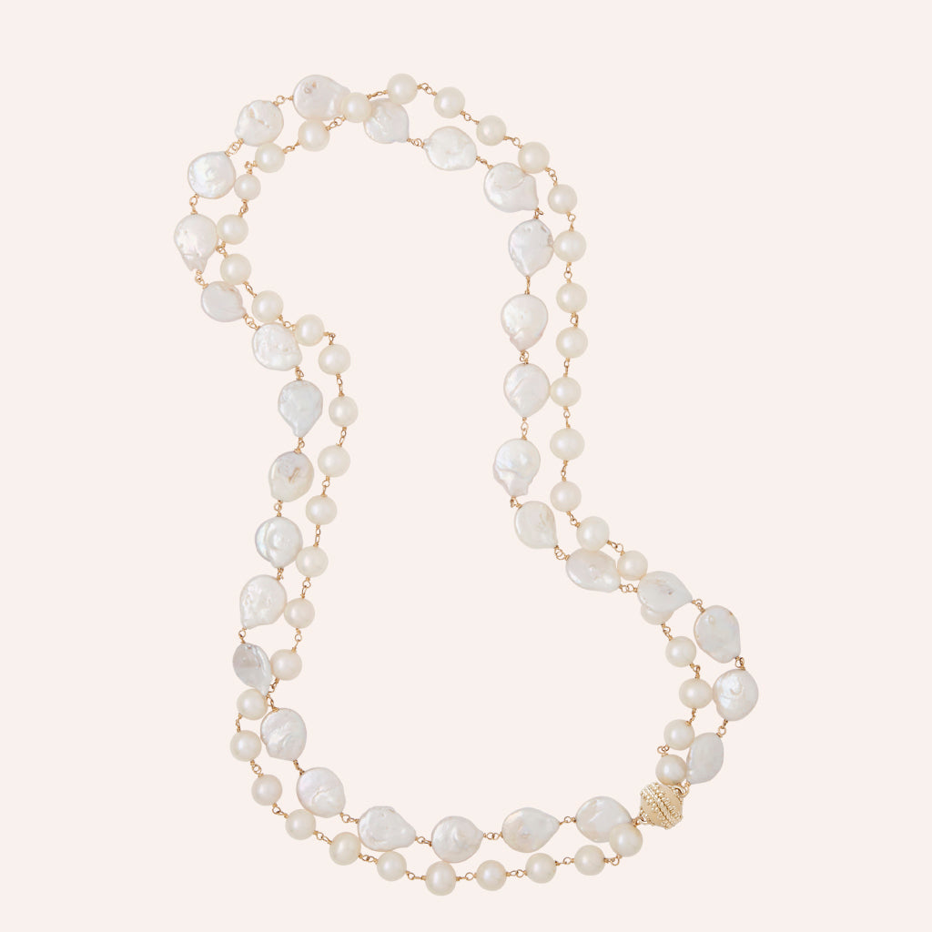 White Freshwater Coin & Potato Pearl Double Strand Necklace
