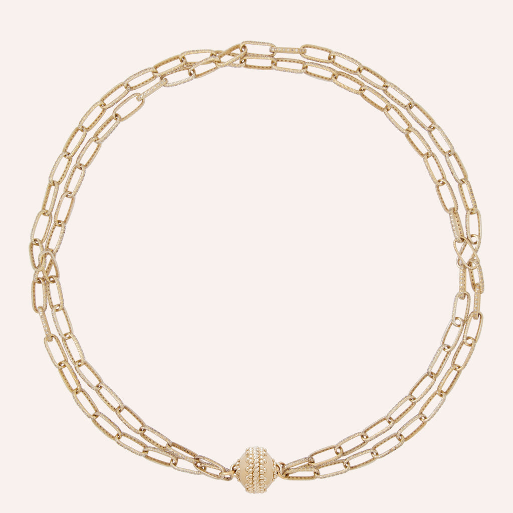 18K Yellow Gold Pave Diamond Link Chain Double Strand Necklace