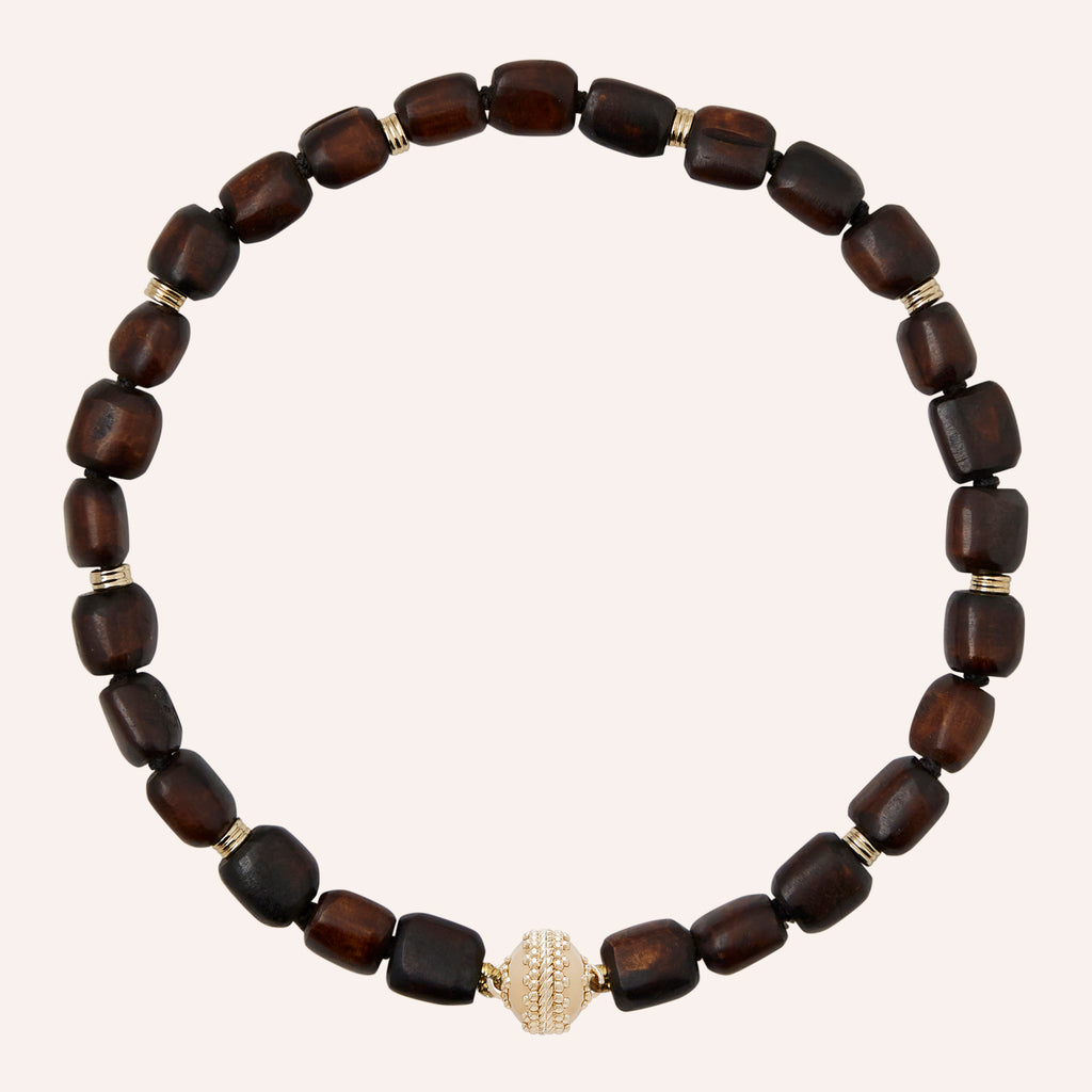 Dyed Brown Kenyan Bovine Bone Bead with Gold Ring Necklace