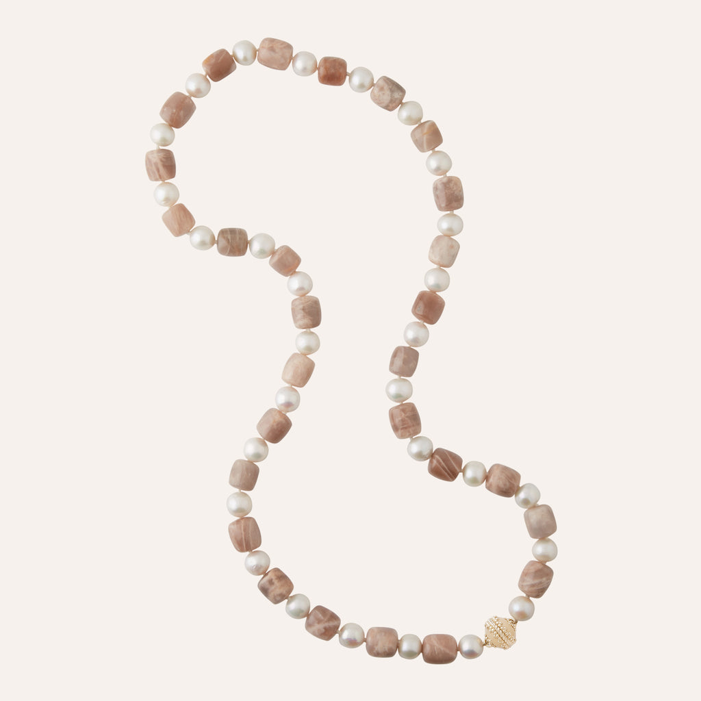 Peach Moonstone and Potato Pearl Barrel 32" Necklace