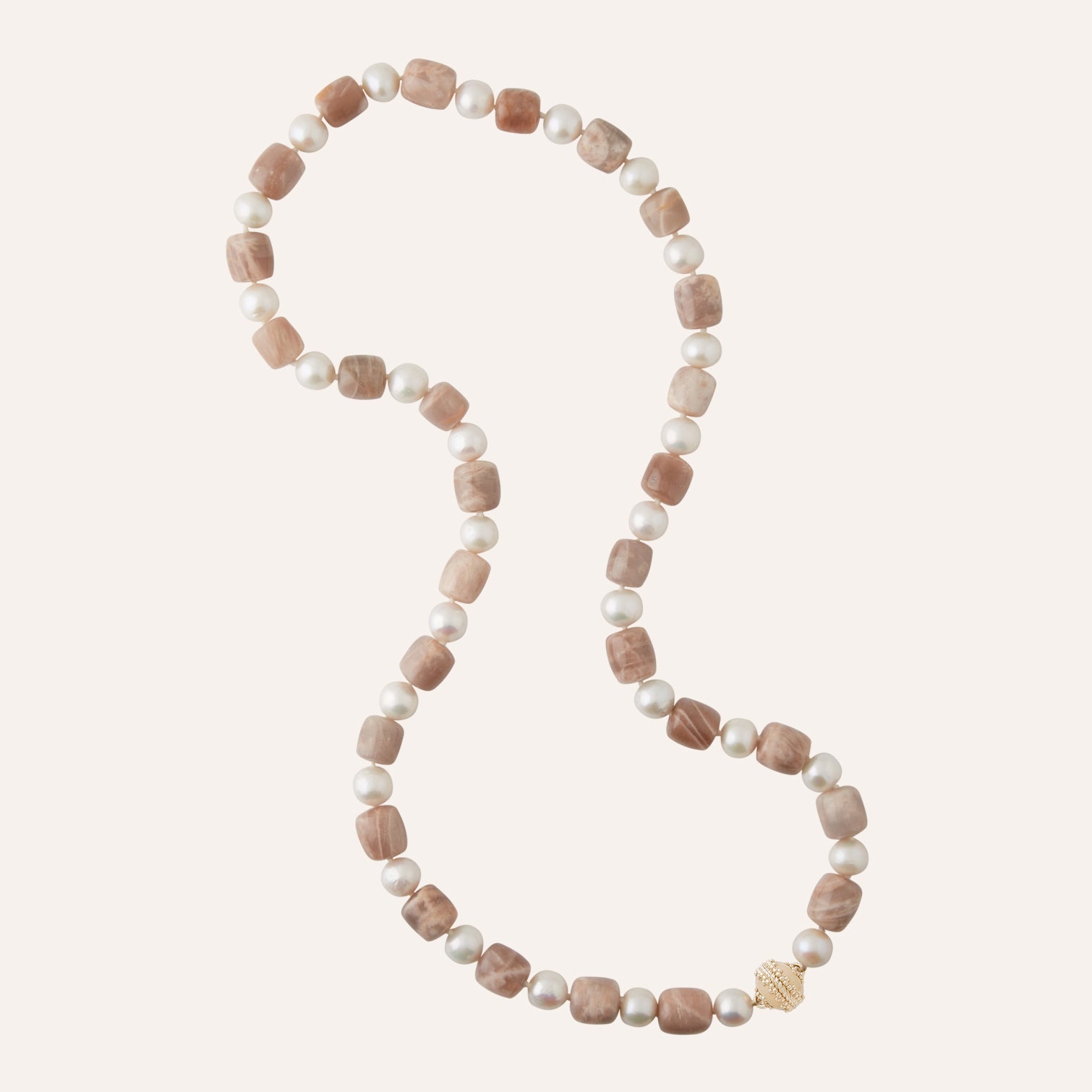 Peach Moonstone and Potato Pearl Barrel 32" Necklace