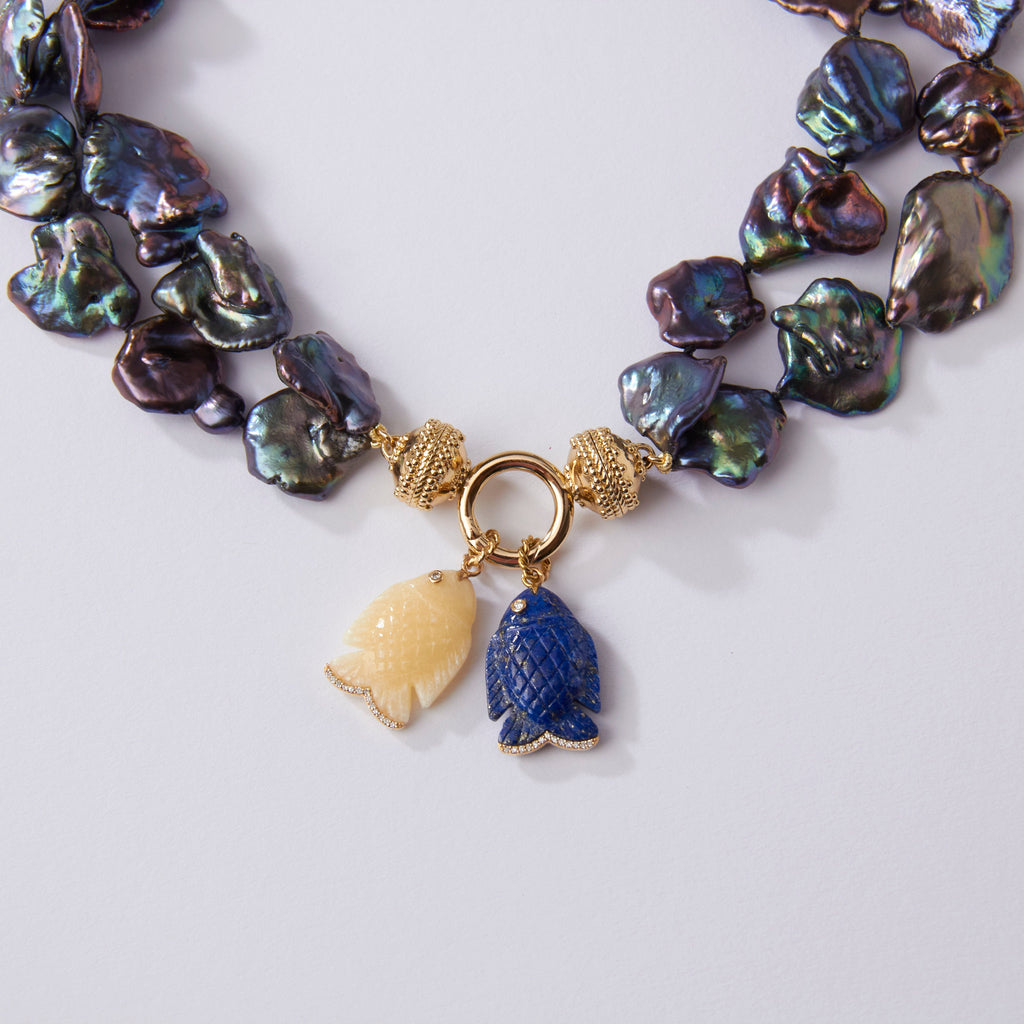 14K Blue Lapis & Diamond Carved Fish Charm