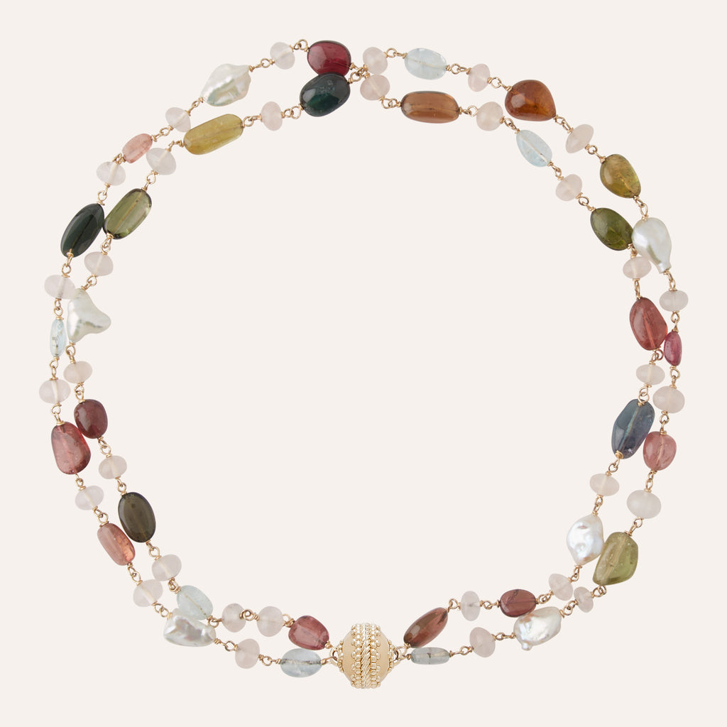 Caspian Double Strand Tourmaline, Pearl, Aquamarine & Rose Quartz Necklace