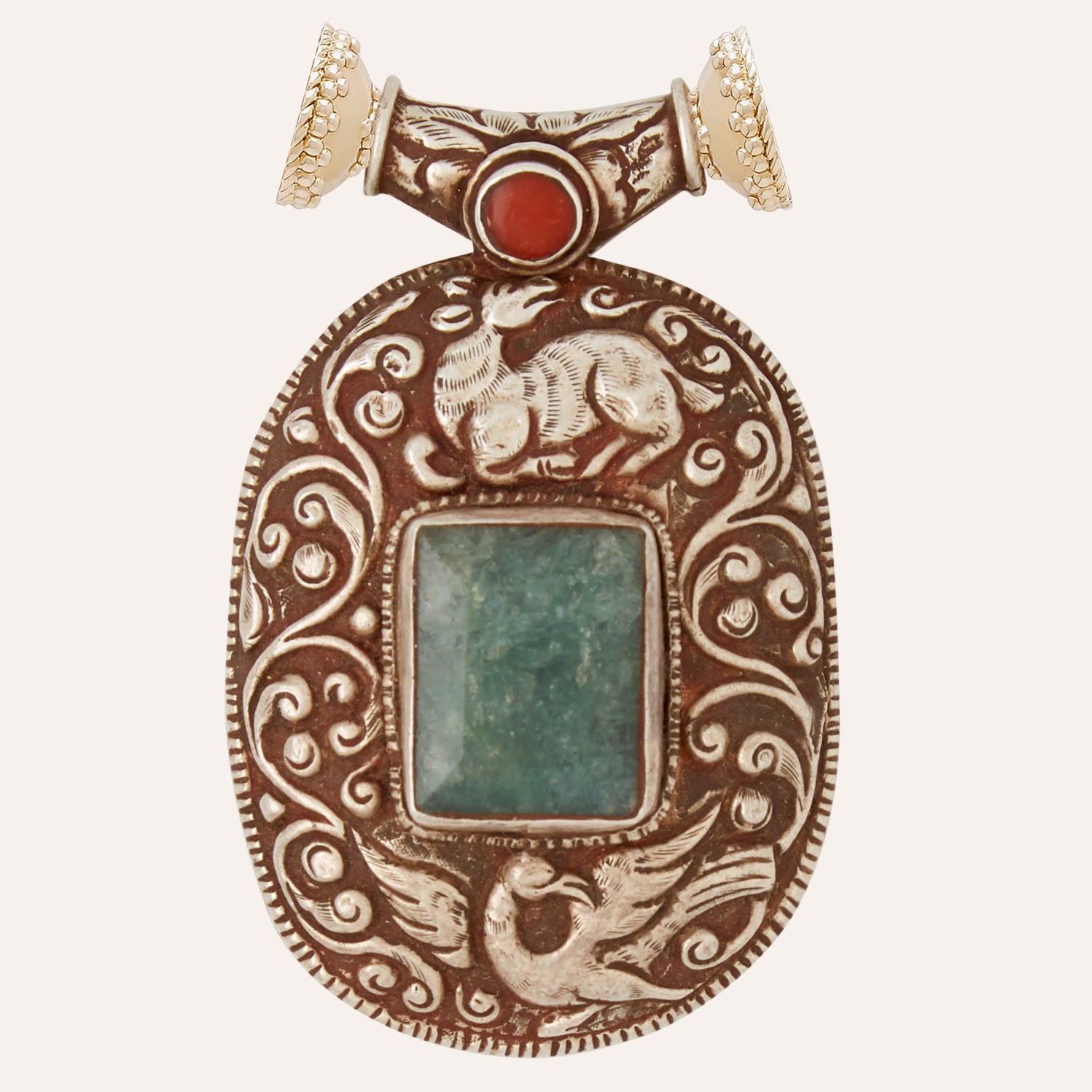 Tibetan Treasure Carved Pendant with Jade Centerpiece